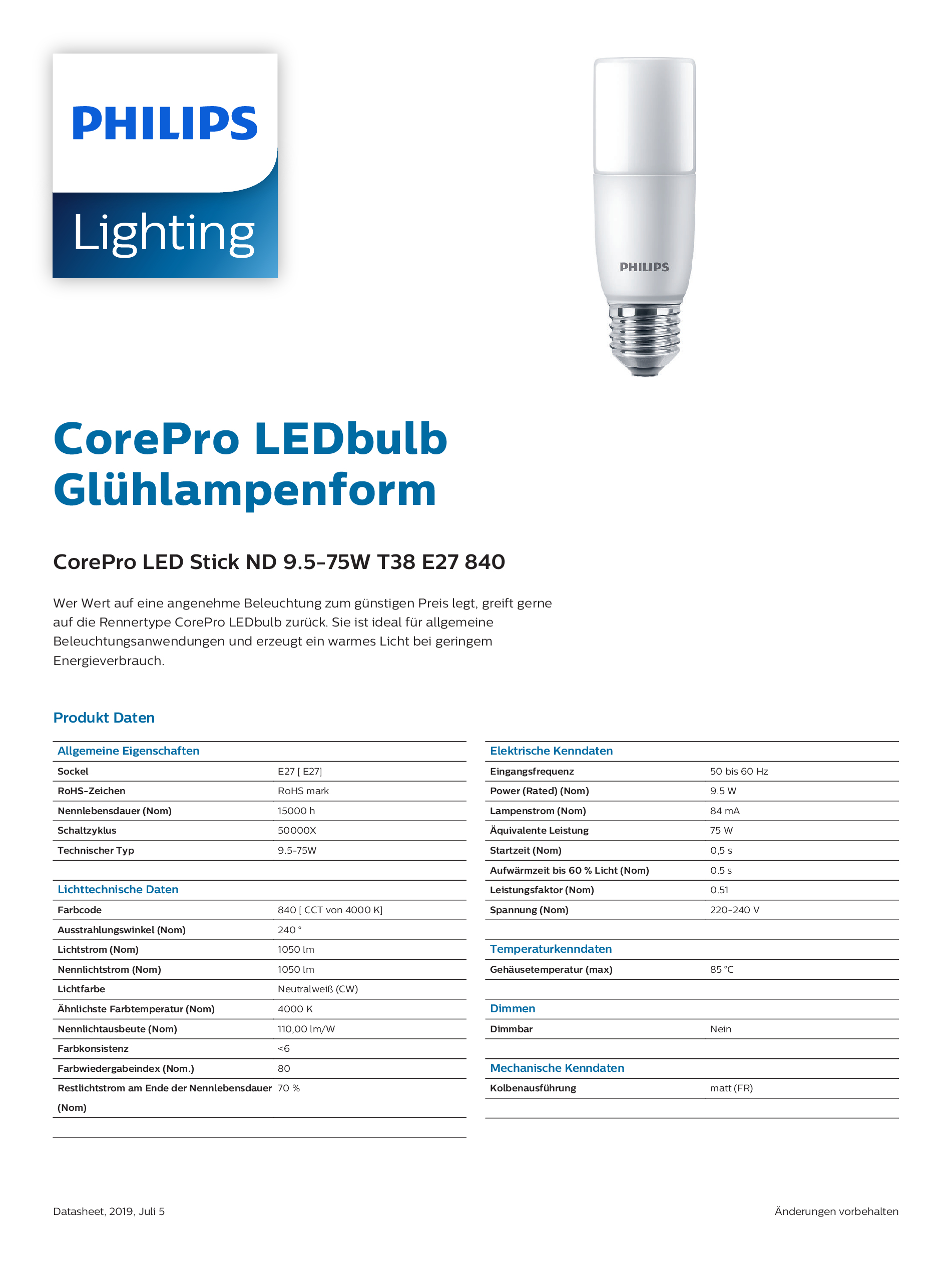 Scheda tecnica Philips CorePro LED a forma di lampadina con lampadina e specifiche tecniche.