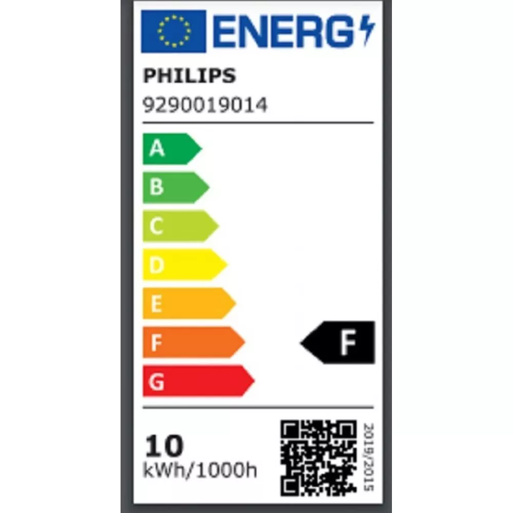 Etichetta energetica Philips classe F, 10 kWh/1000h.