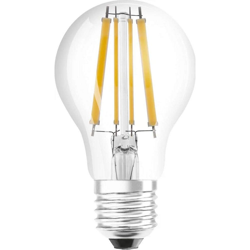 Una lampadina trasparente con filamenti LED e base argentata.