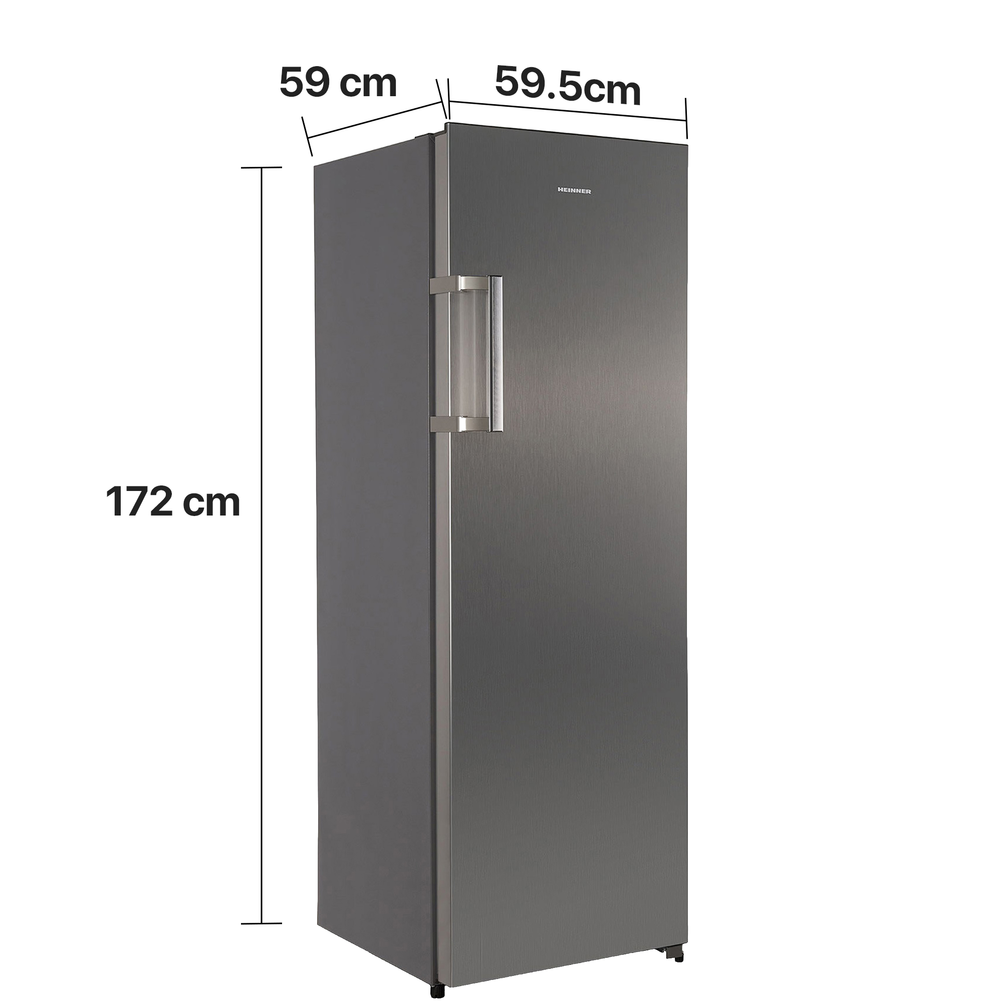 Een grijze koelkast met een zilverkleurig handvat, 172 cm hoog.