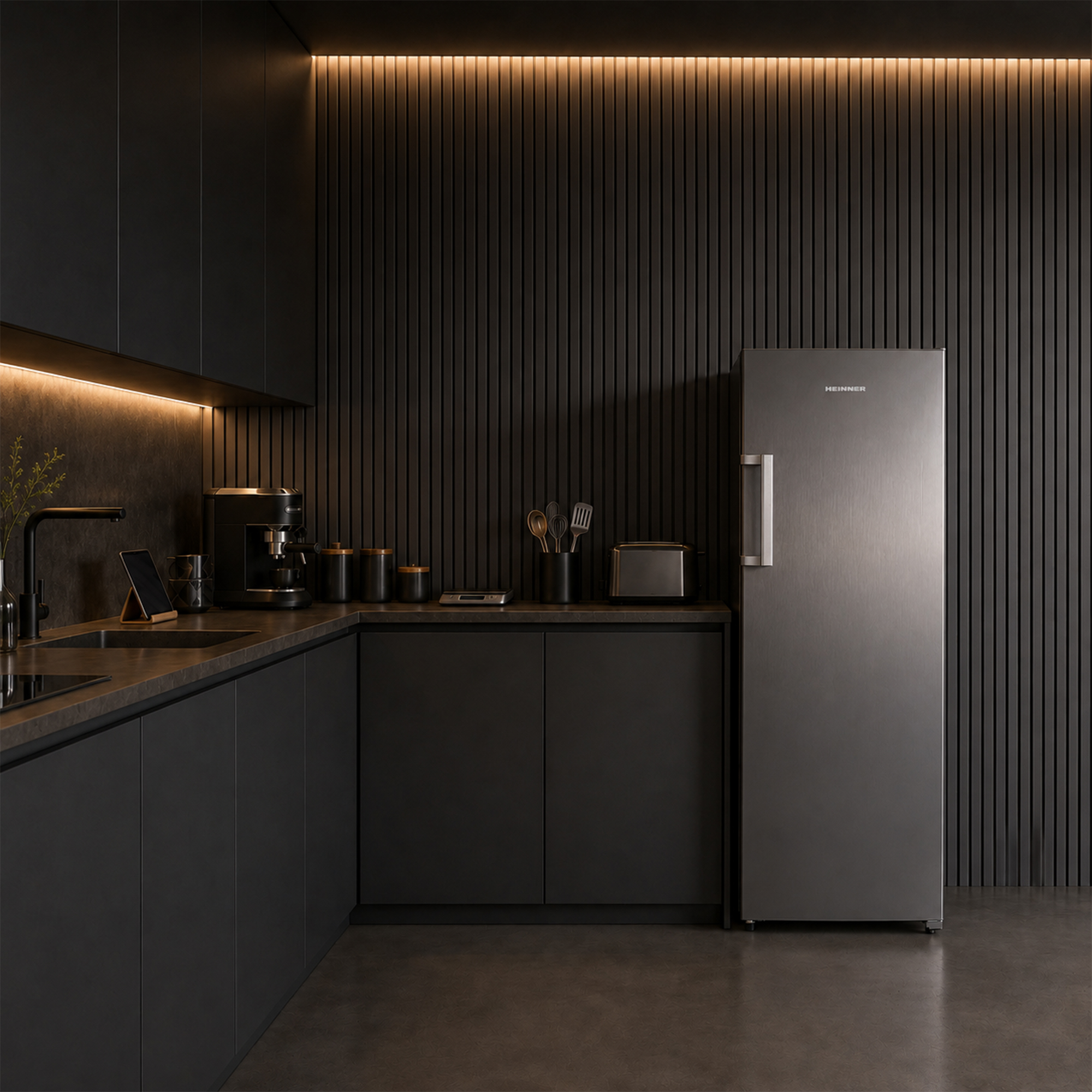 Moderne zwarte keuken met roestvrijstalen koelkast en geïntegreerde verlichting.