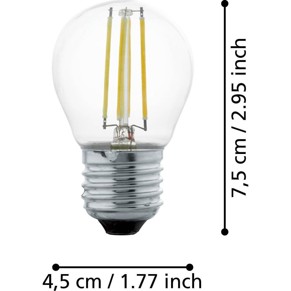 Une ampoule transparente avec une base argentée et trois filaments jaunes.