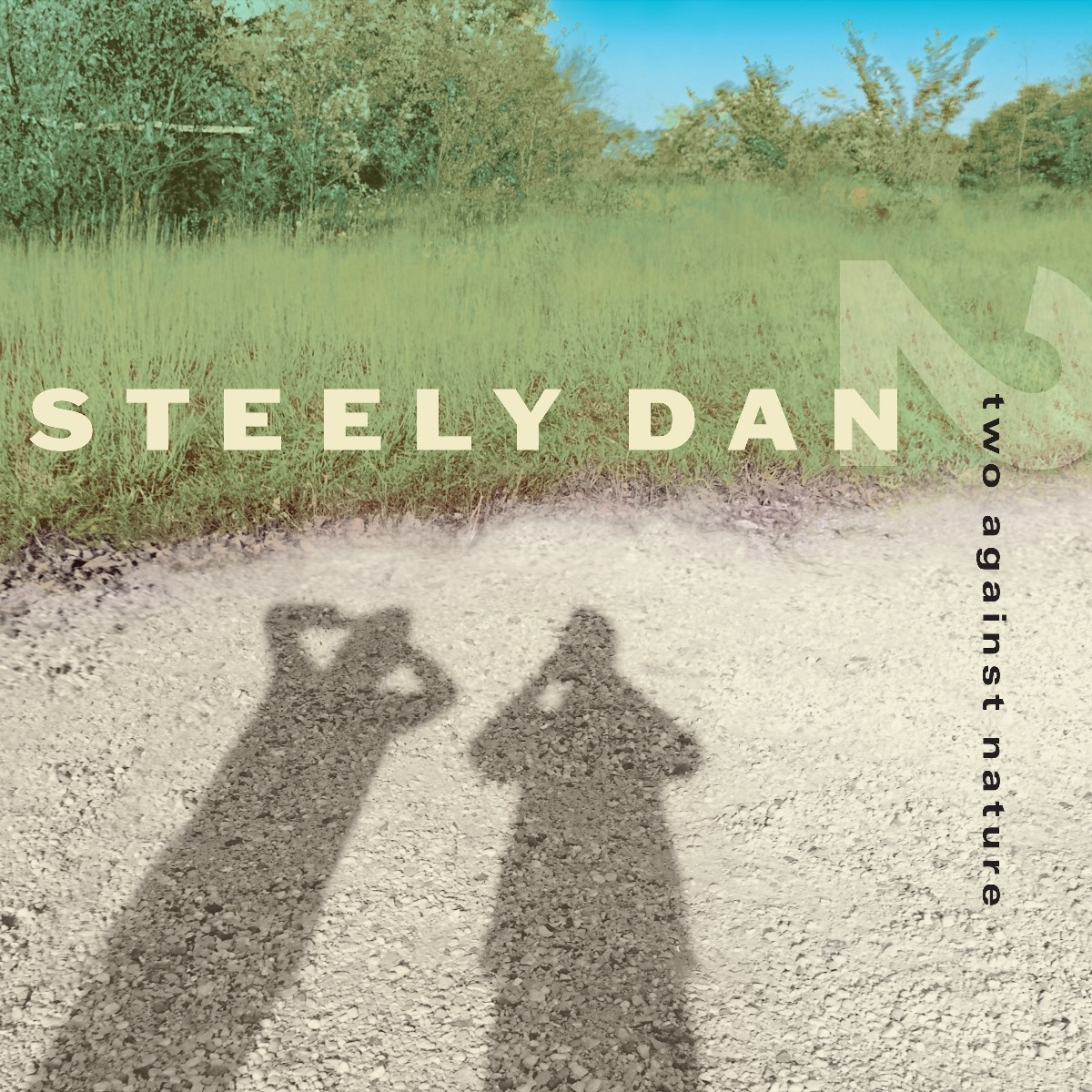 Ombre di due persone su un sentiero ghiaioso. Logo Steely Dan in alto.