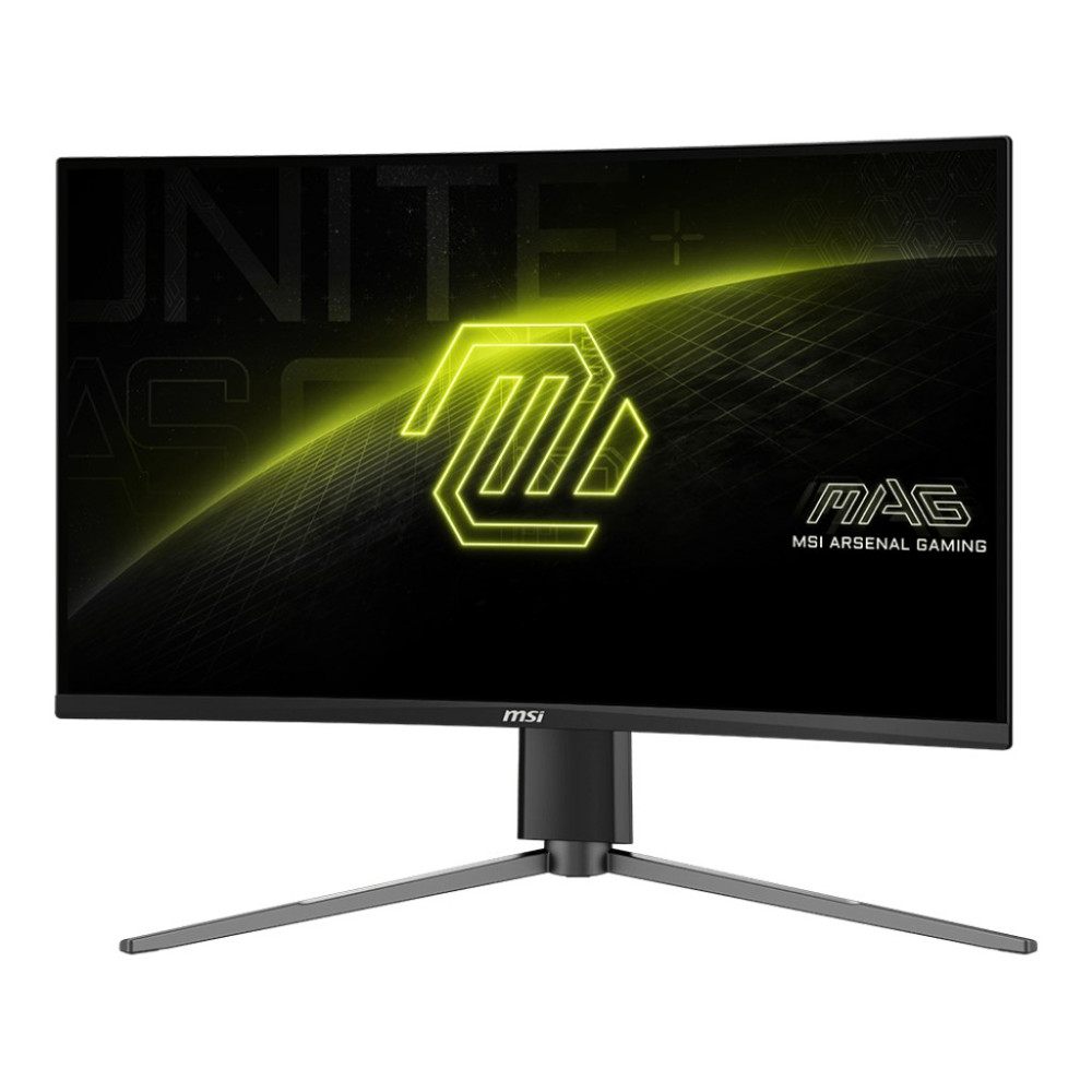 Czarny monitor gamingowy MSI z jaskrawożółtym logo i tekstem na ekranie.