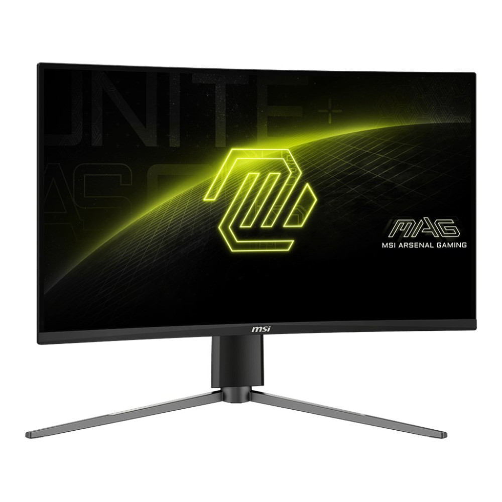 Monitor gamingowy MSI MAG z neonowo-zielonym logo sześciokątnym na czarnym ekranie.