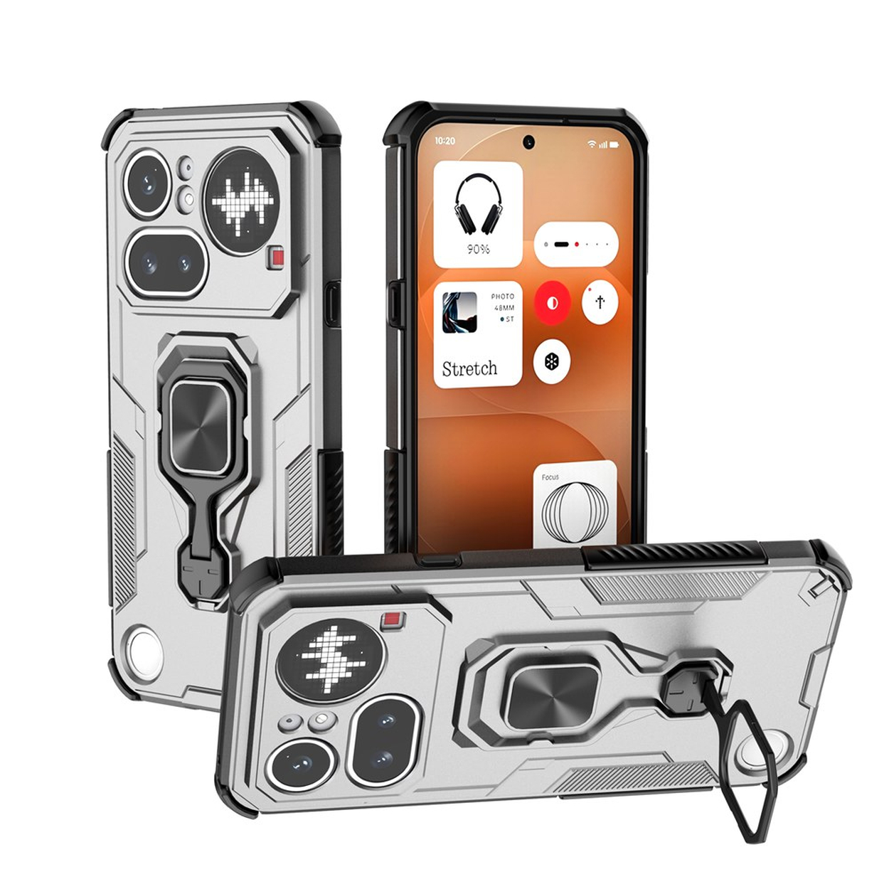 Coque de téléphone argentée avec support anneau et module caméra devant un smartphone.
