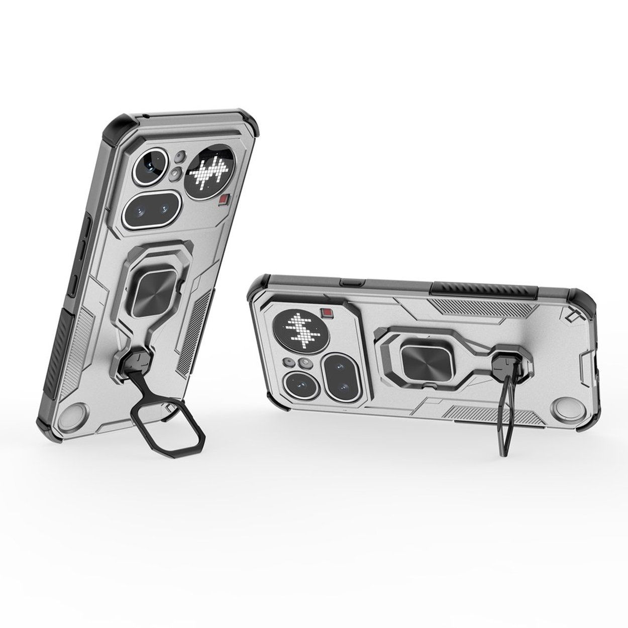 Deux coques de téléphone argentées robustes avec béquille et support anneau fond blanc.