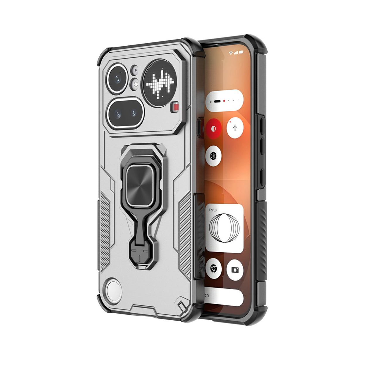 Coque de téléphone argentée avec support anneau et protection caméra, à côté d'un smartphone.