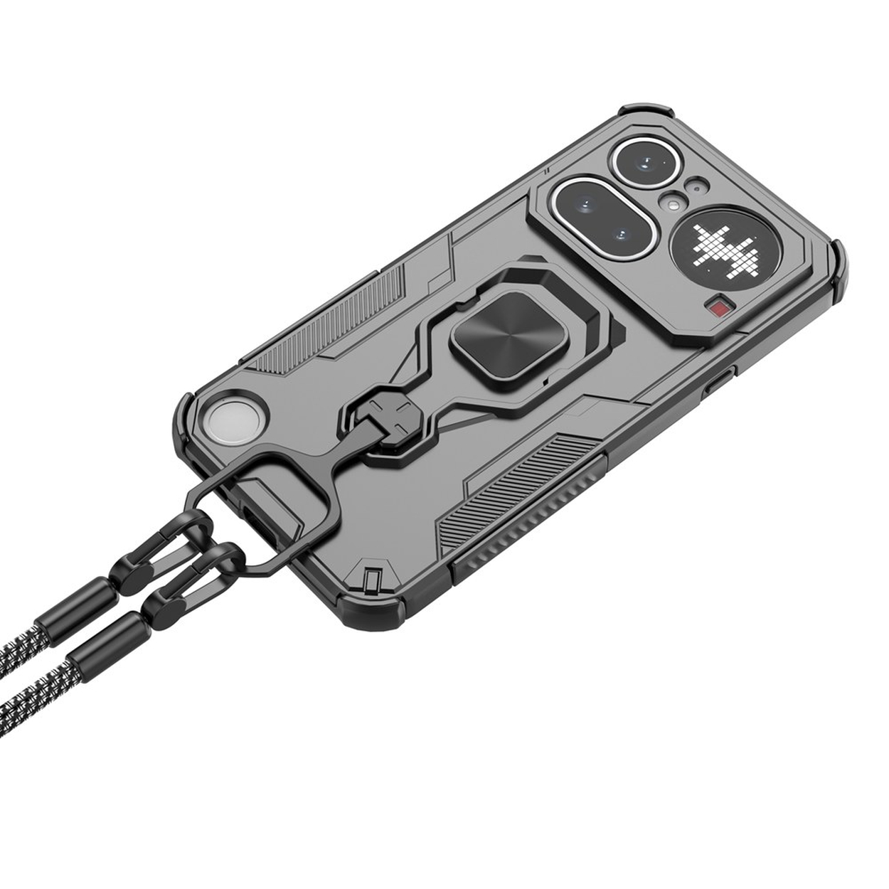 Une coque de téléphone gris foncé avec un support annulaire et une lanière.