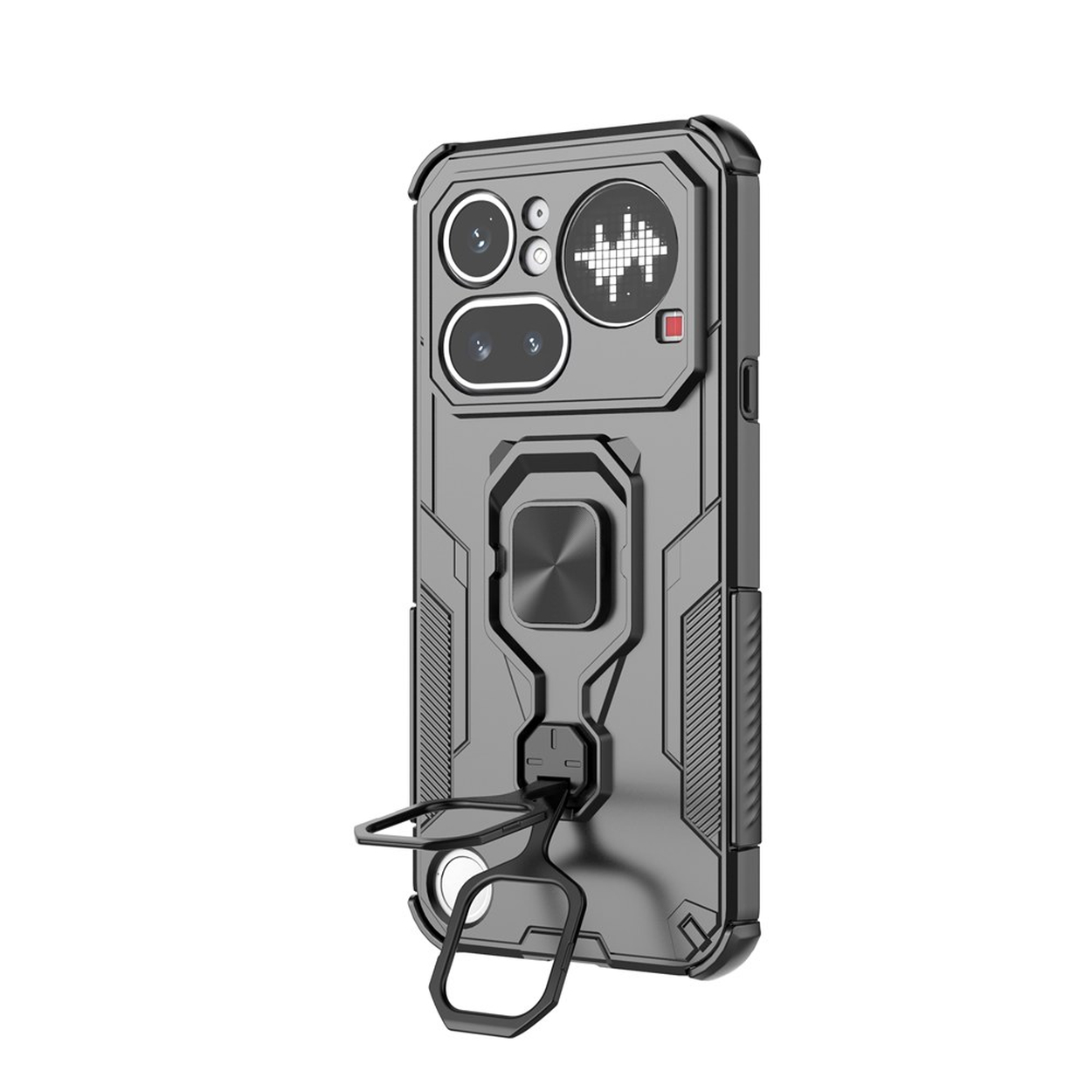 Coque de téléphone grise avec support anneau et béquille sur fond blanc.