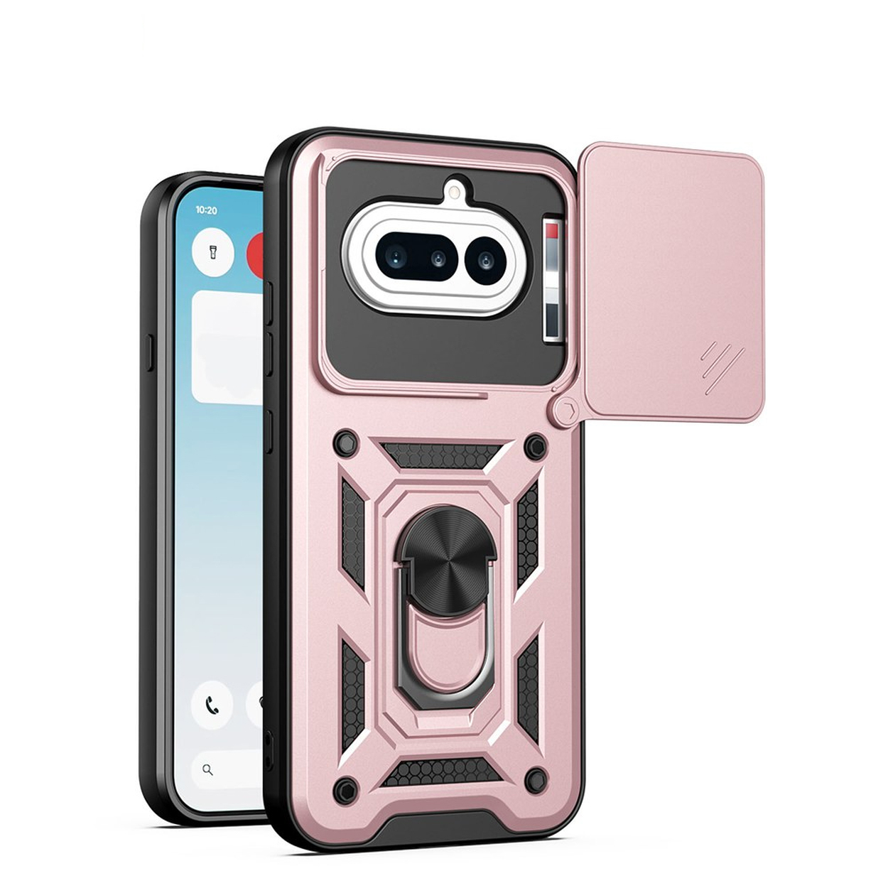 Une coque de téléphone rose doré avec cache coulissant pour appareil photo et support anneau.