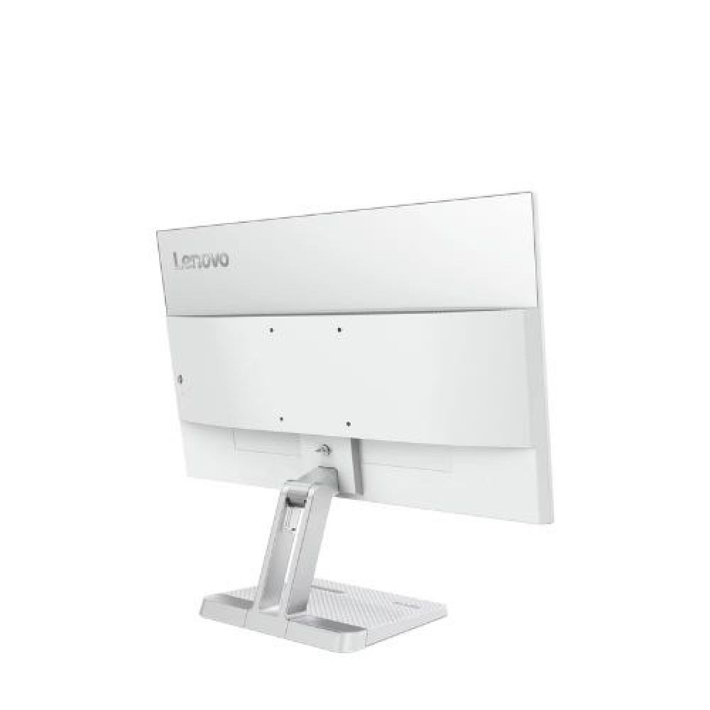 Tył białego monitora Lenovo ze srebrną podstawą na białym tle.