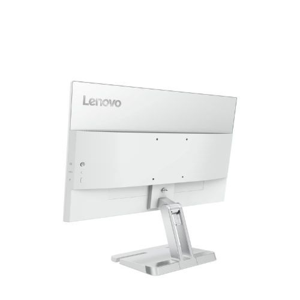 Tył białego monitora Lenovo na srebrnym stojaku.