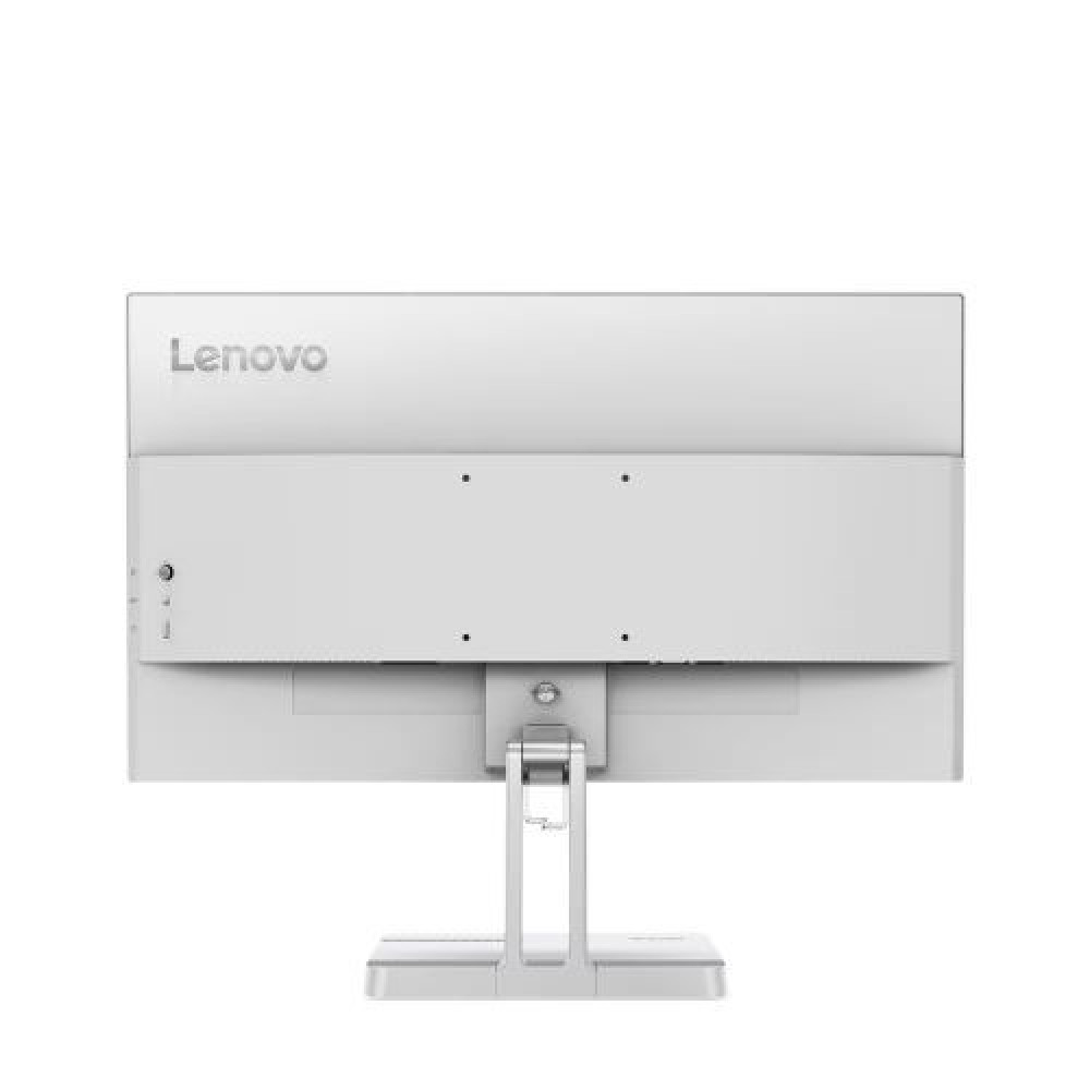 Widok z tyłu białego monitora Lenovo z portami i podstawą.