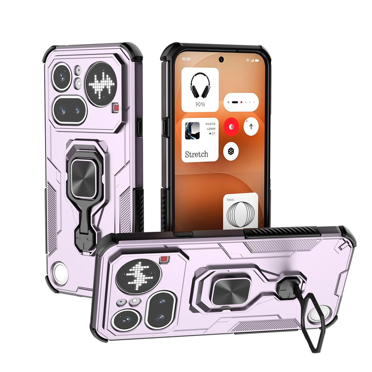 Drie paarse telefoonhoesjes met ringhouders en camerabescherming. Eén telefoon is zichtbaar.