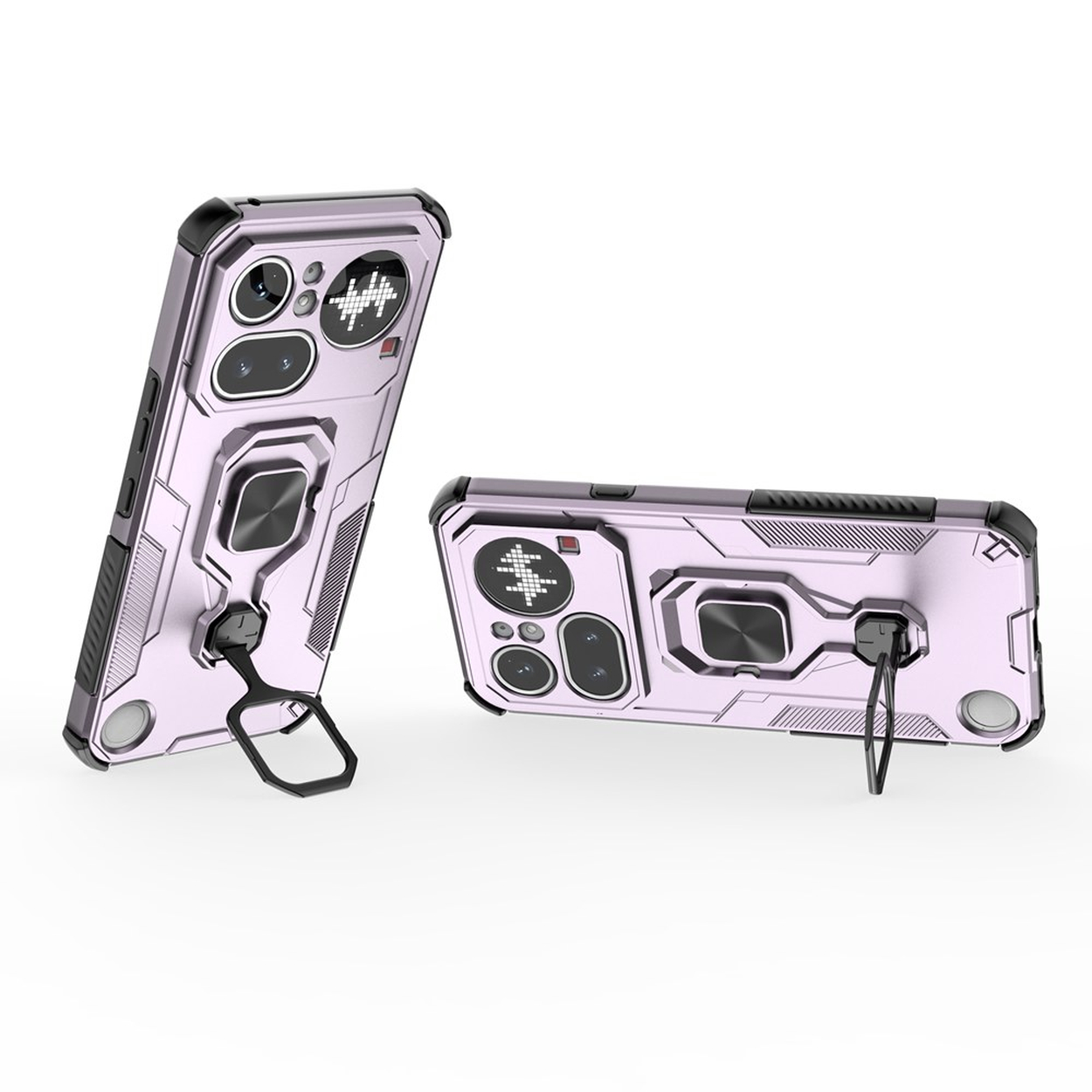 Twee paarse telefoonhoesjes met ringhouders en camera-uitsparingen op witte achtergrond.