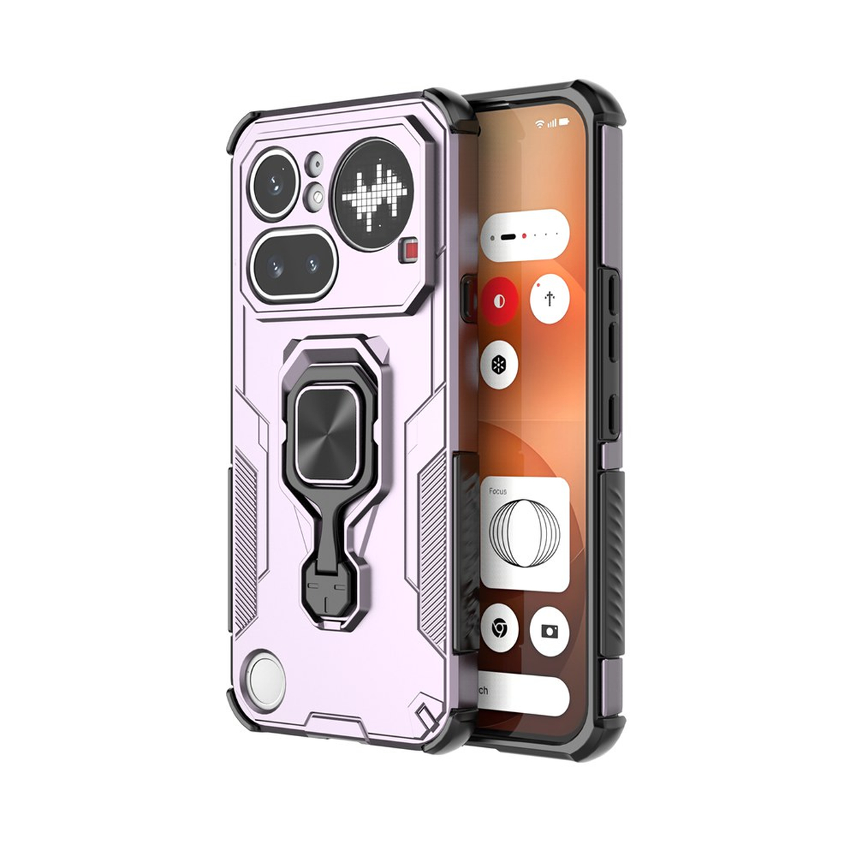 Een paarse robuuste telefoonhoes met ringhouder en telefoonachterkant met camera's.