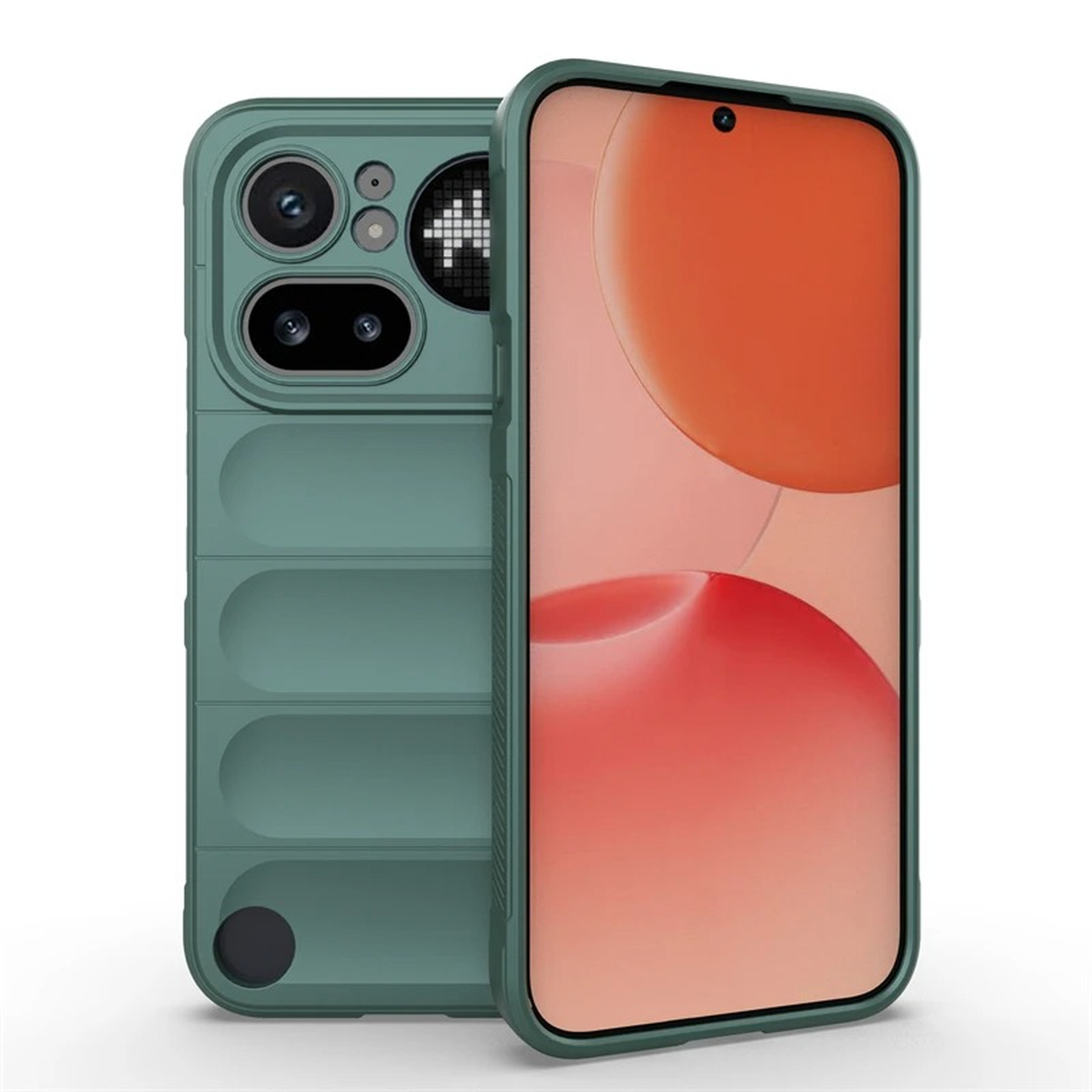 Groene telefoonhoes met cameralenzen en scherm met abstracte oranje en roze vormen.