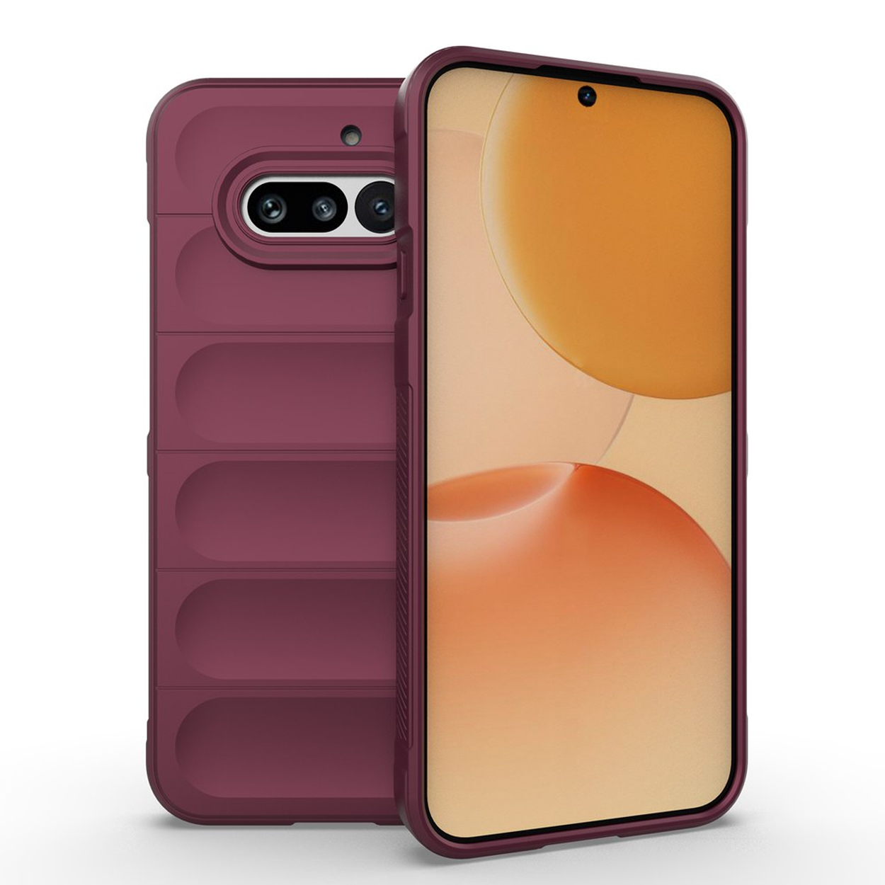 Een bordeauxrode telefoon met een hoesje met drie horizontale lijnen aan de achterkant.