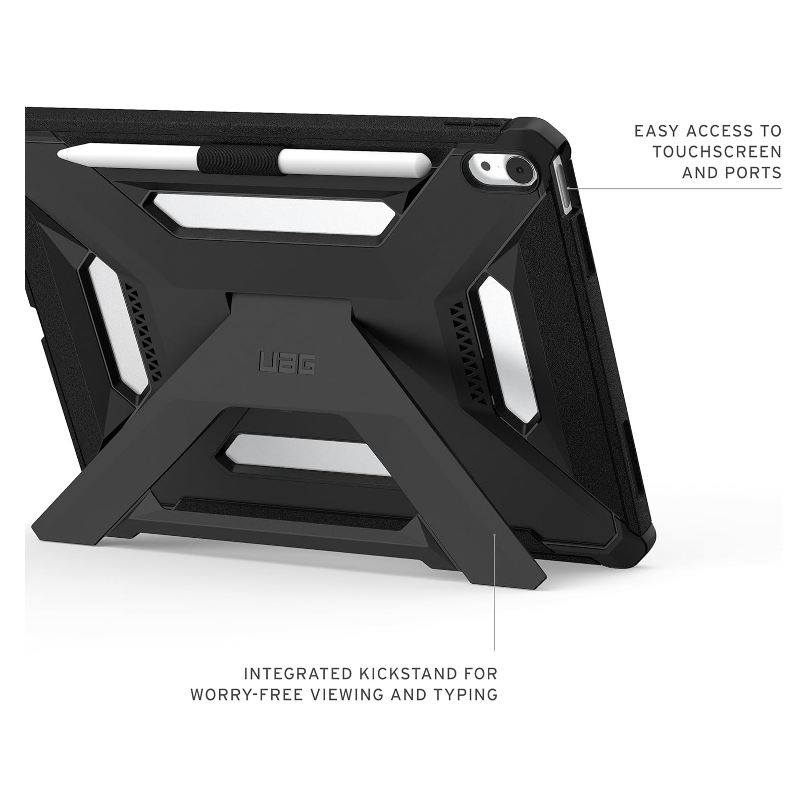 Czarne etui na tablet z wbudowaną podstawką i uchwytem na rysik.