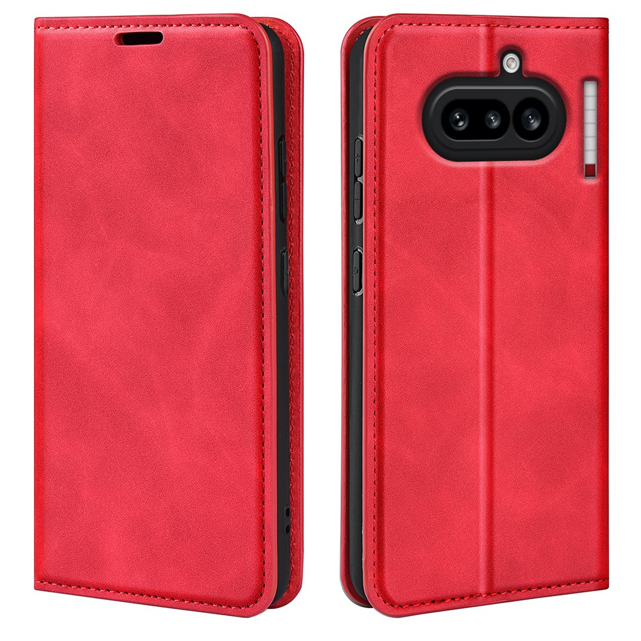 Étui de téléphone rouge avec découpe caméra et boutons latéraux.
