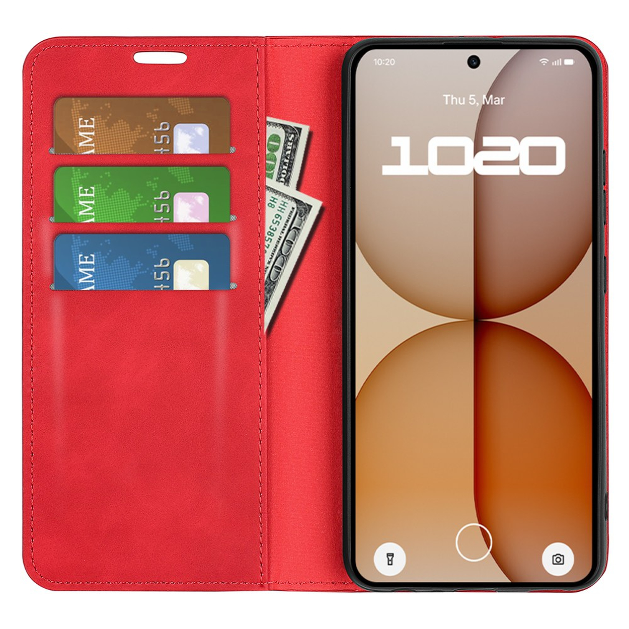 Étui de téléphone rouge avec fentes pour cartes, argent et smartphone. L'étui est ouvert.