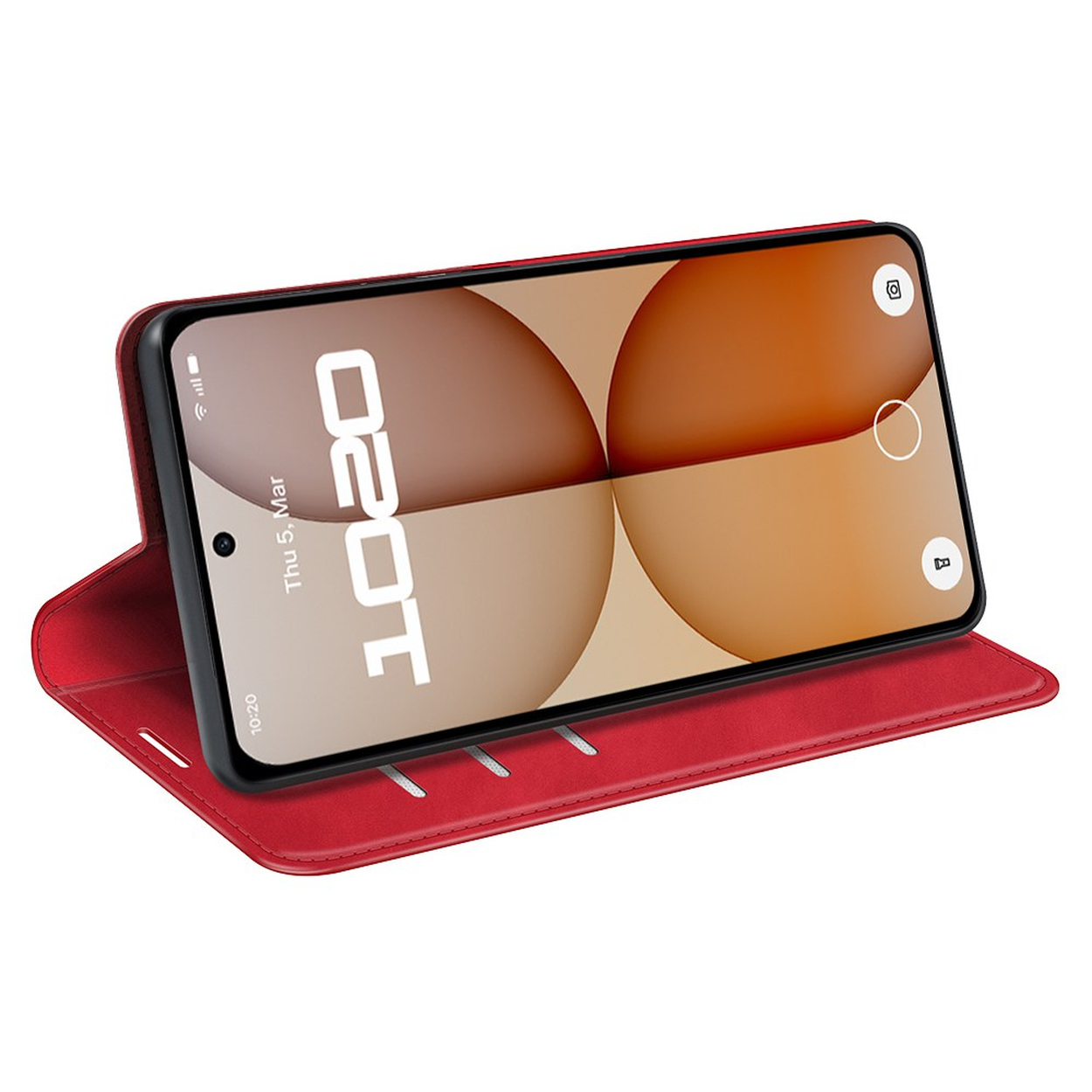 Un smartphone rouge dans un étui, affichant le texte « 1020 ».