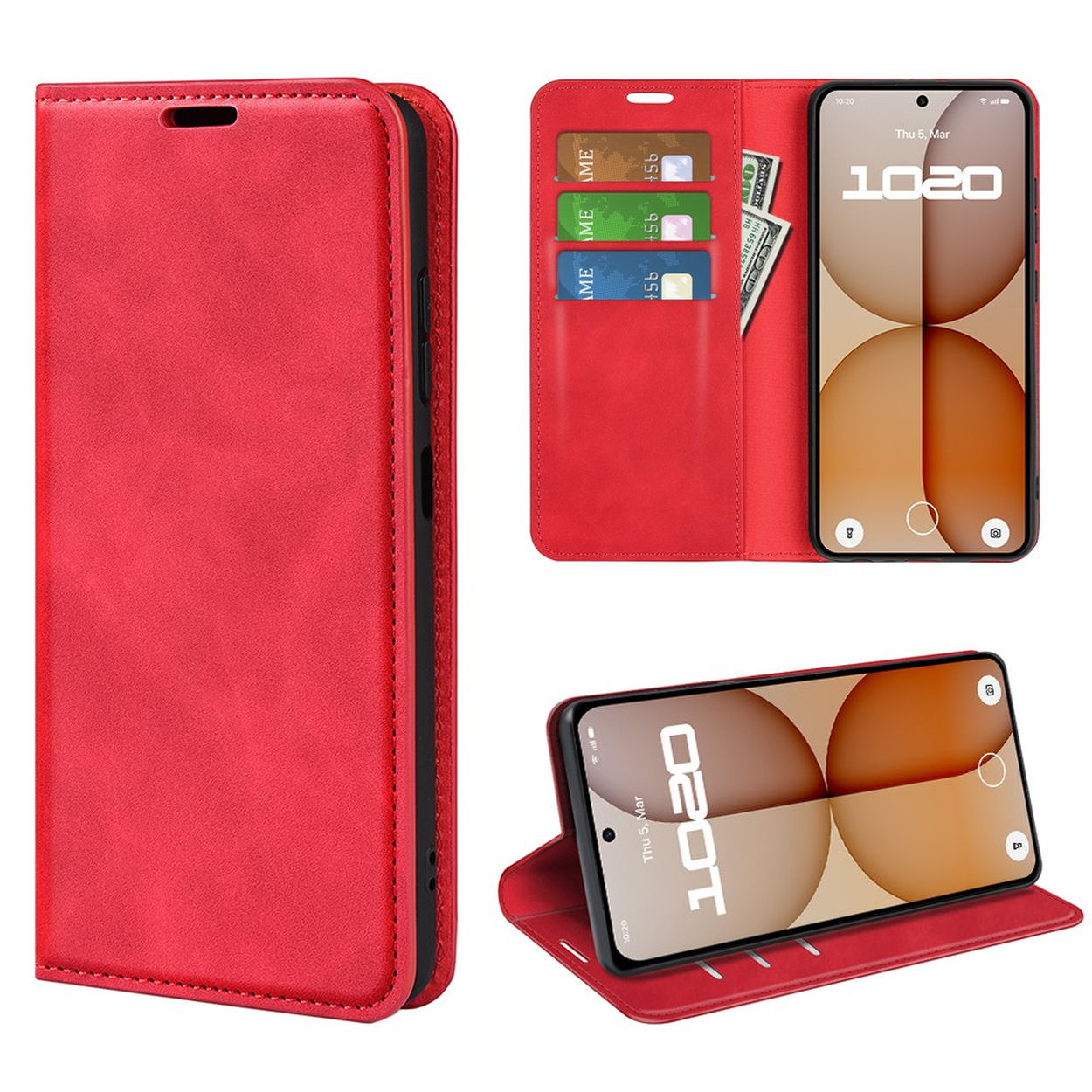 Étui de téléphone rouge avec fentes pour cartes et un billet. Téléphone à côté.