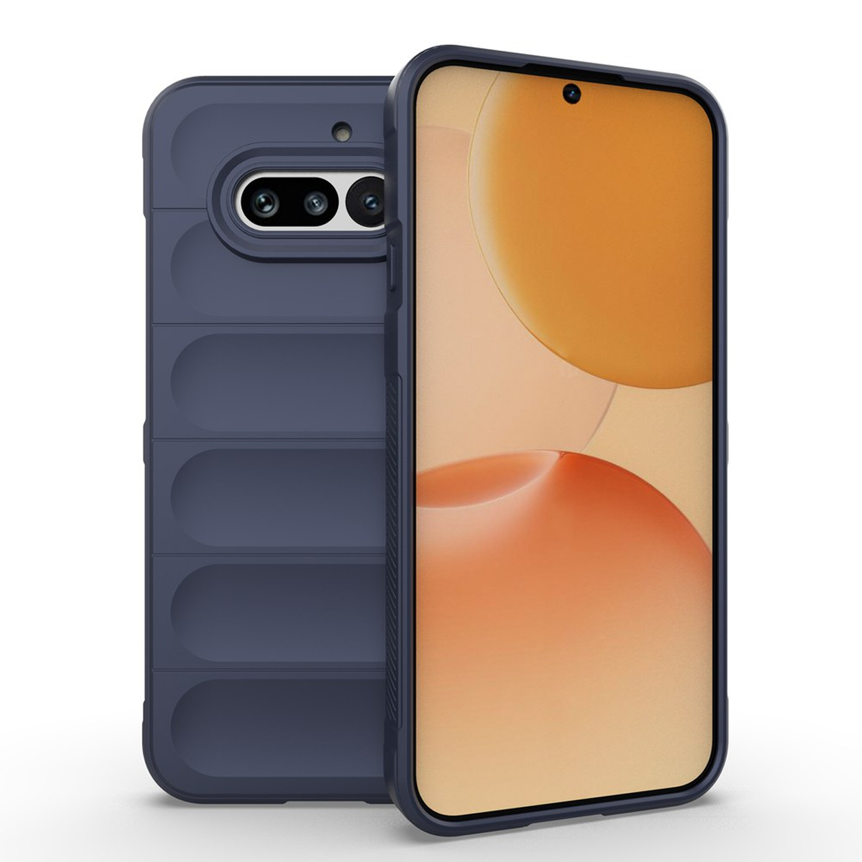 Een blauwe telefoonhoes met een getextureerde achterkant en dubbele camera wordt getoond.