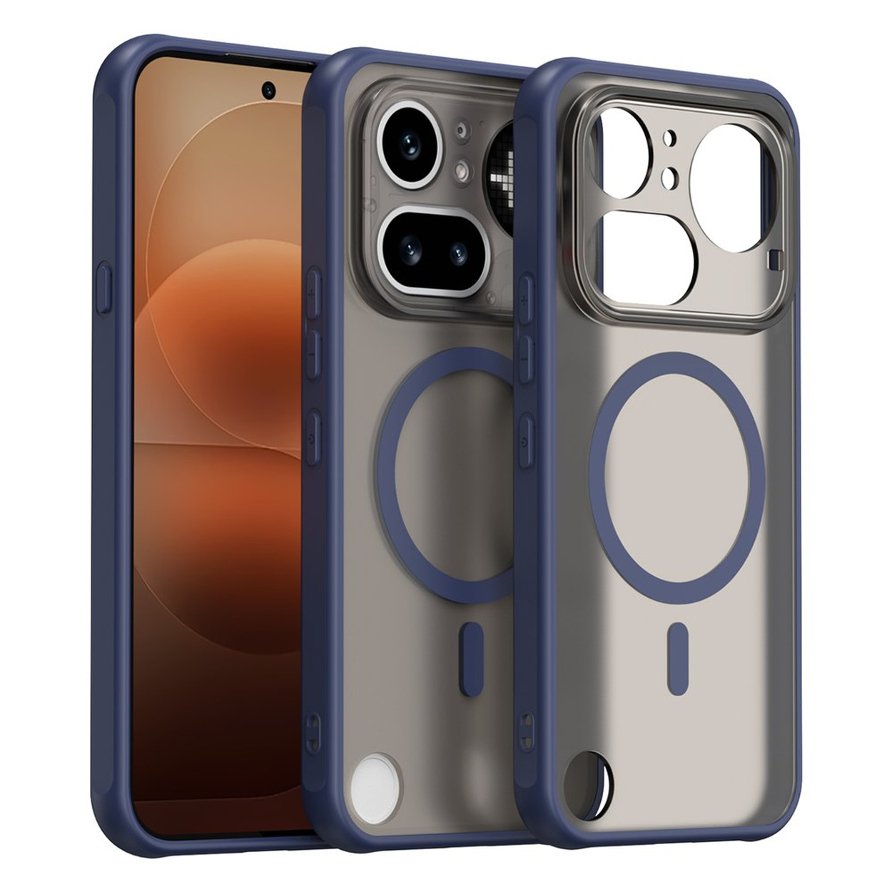 Deux coques de téléphone bleu marine à dos transparent et anneaux magnétiques.