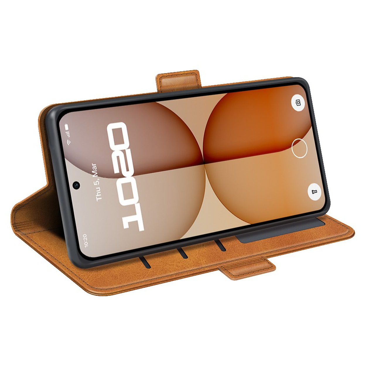Een bruine flipcase met een smartphone die "1020" op het scherm toont.