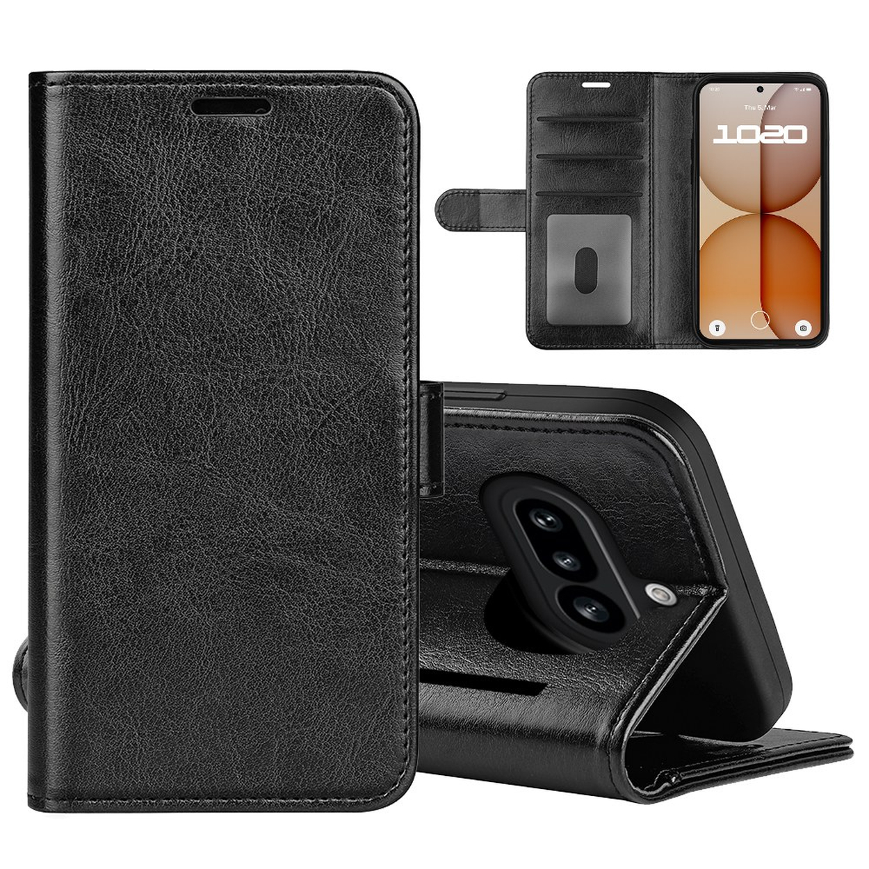 Étui portefeuille en cuir noir avec fentes pour cartes et dos de téléphone exposé.