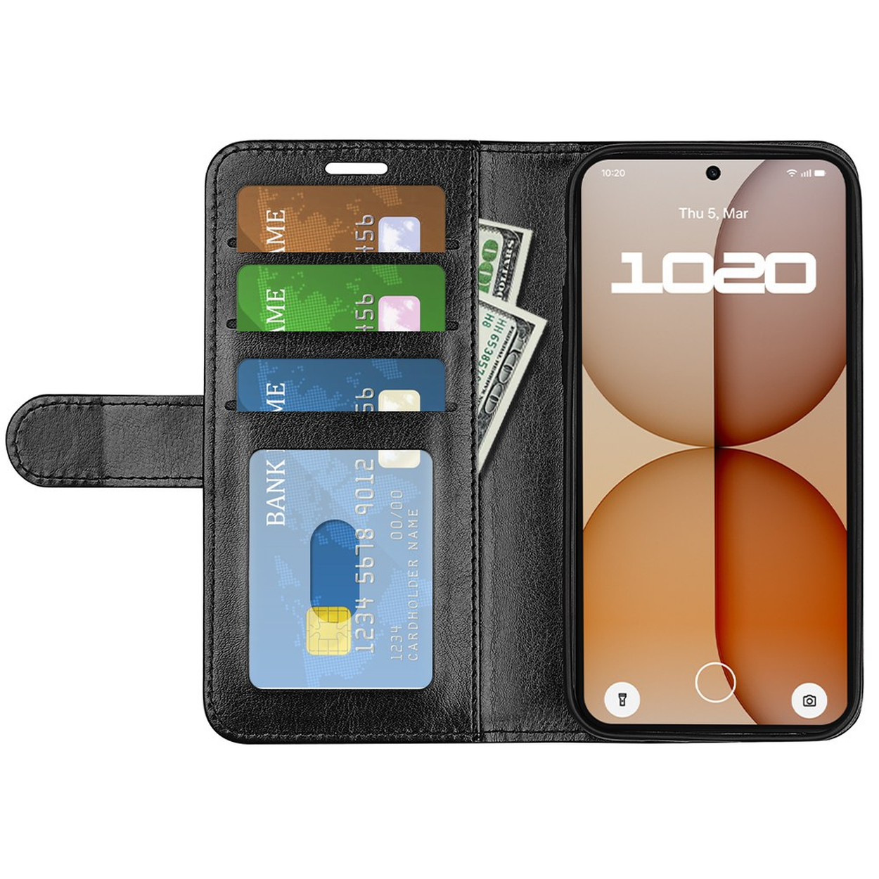 Étui portefeuille noir avec téléphone, quatre cartes et argent.