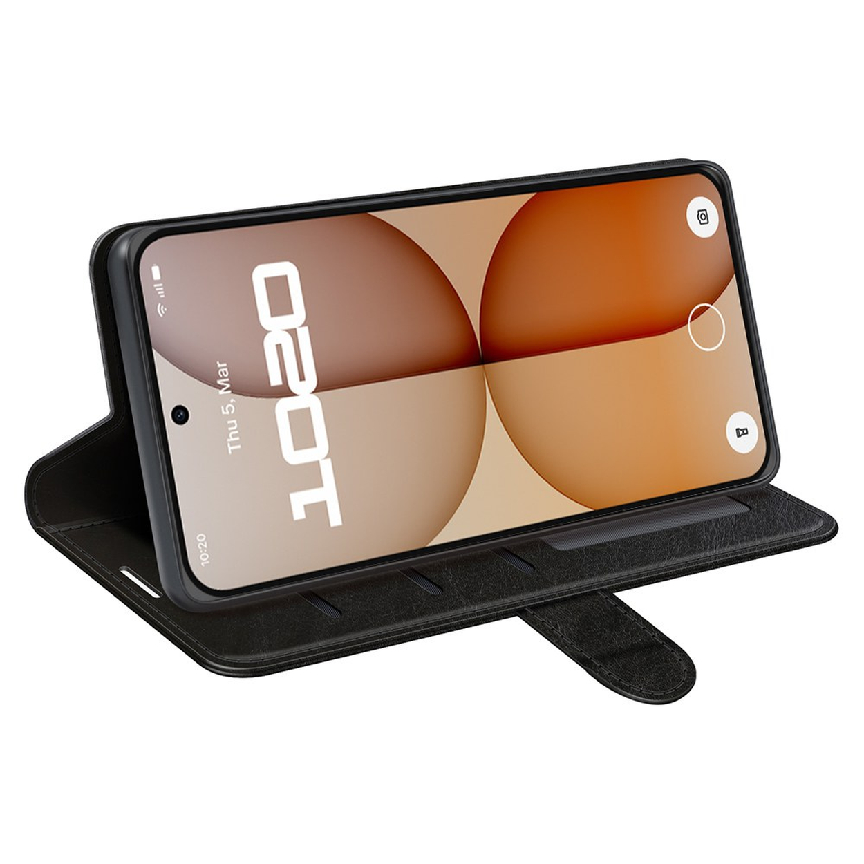 Un téléphone noir dans un étui folio ouvert, affichant un aperçu de caméra.