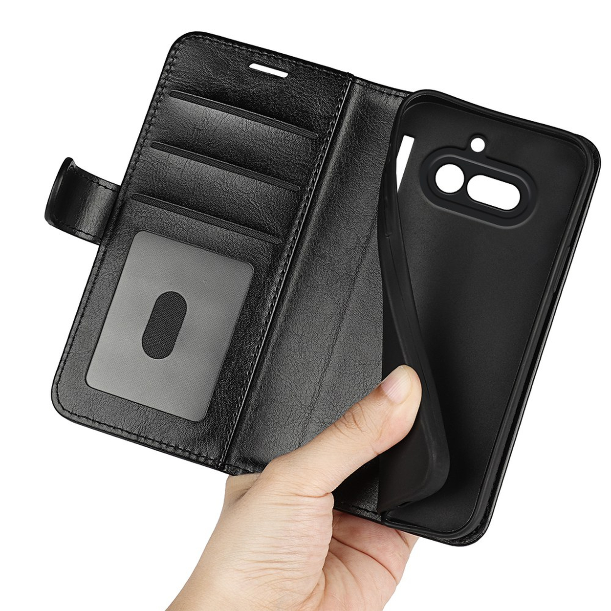 Étui portefeuille noir pour téléphone avec fentes pour cartes et découpe caméra.
