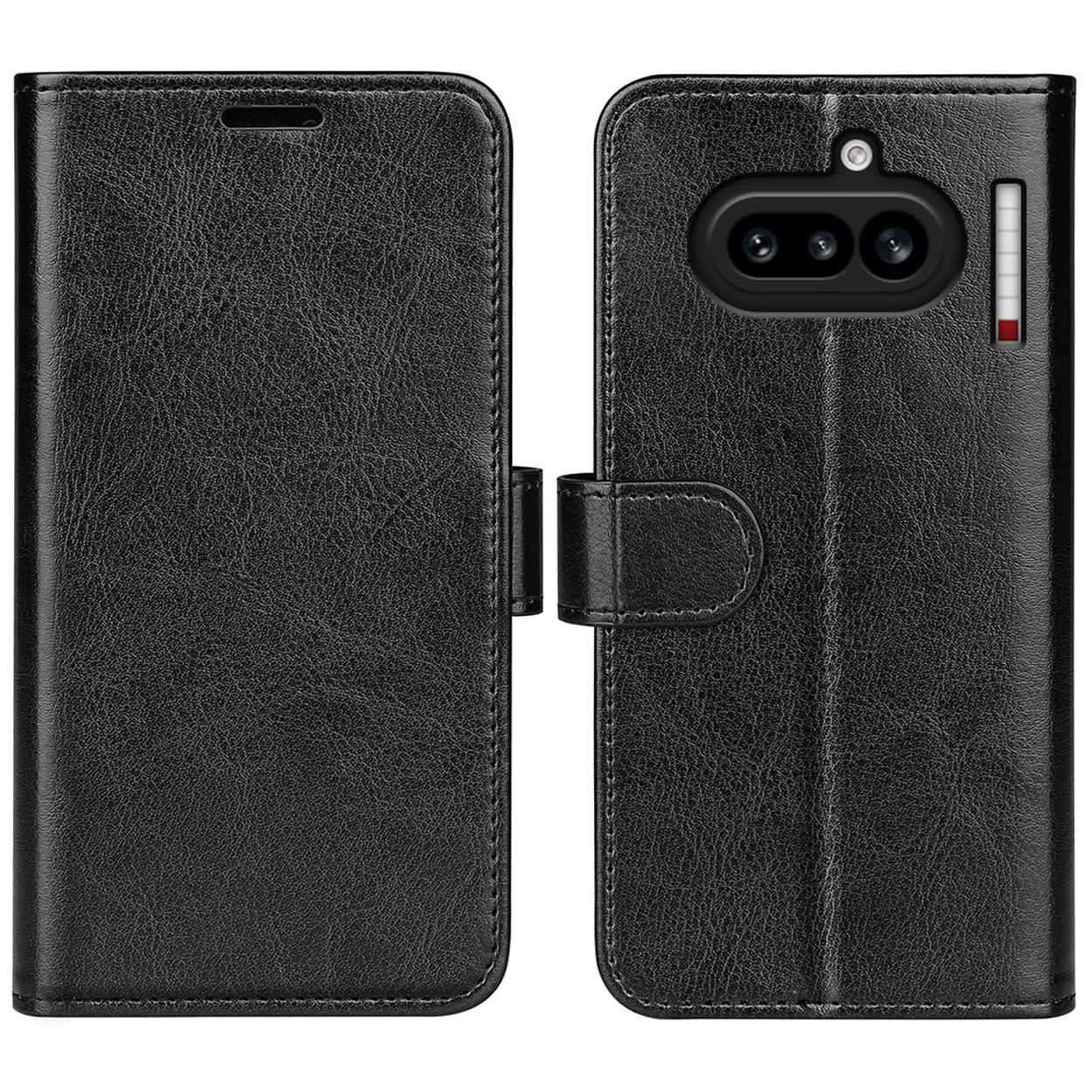 Étui noir en cuir à rabat pour téléphone avec découpe caméra et fermeture à sangle.