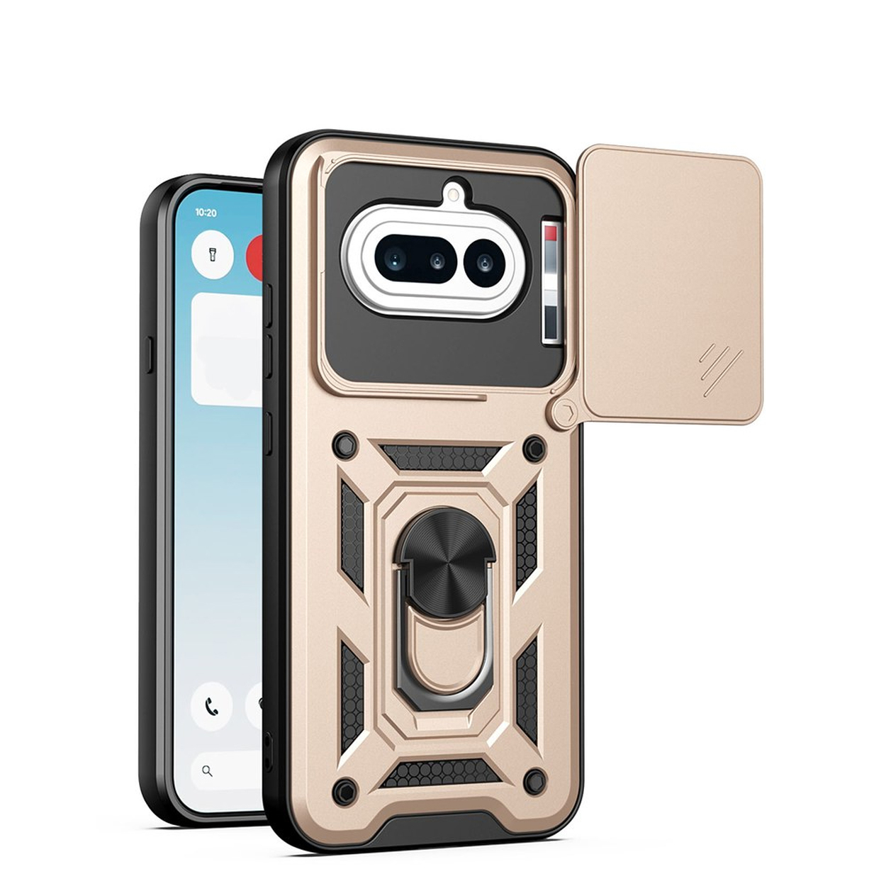 Une coque de téléphone dorée avec cache coulissant pour appareil photo et support anneau.