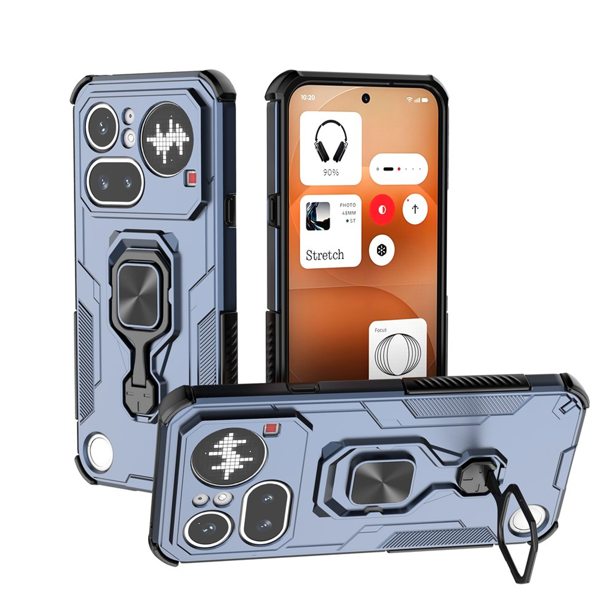 Trois coques de téléphone bleues avec supports d'anneau sur fond blanc.