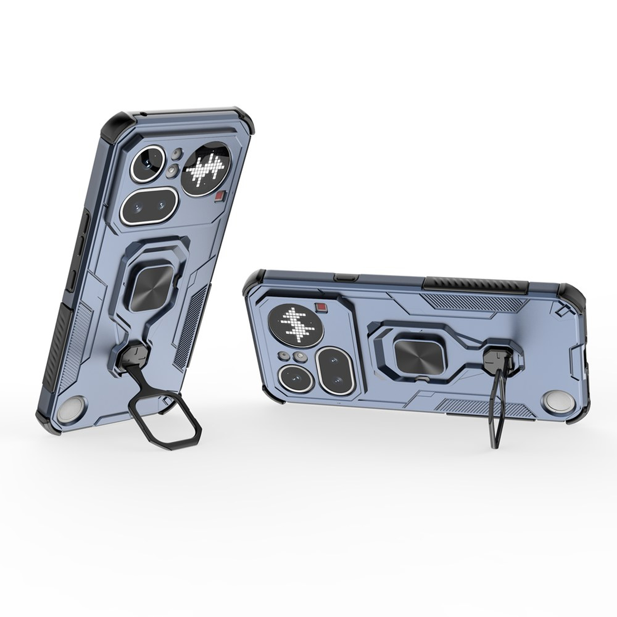Deux coques de téléphone bleues avec supports d'anneau et designs robustes sont présentées.