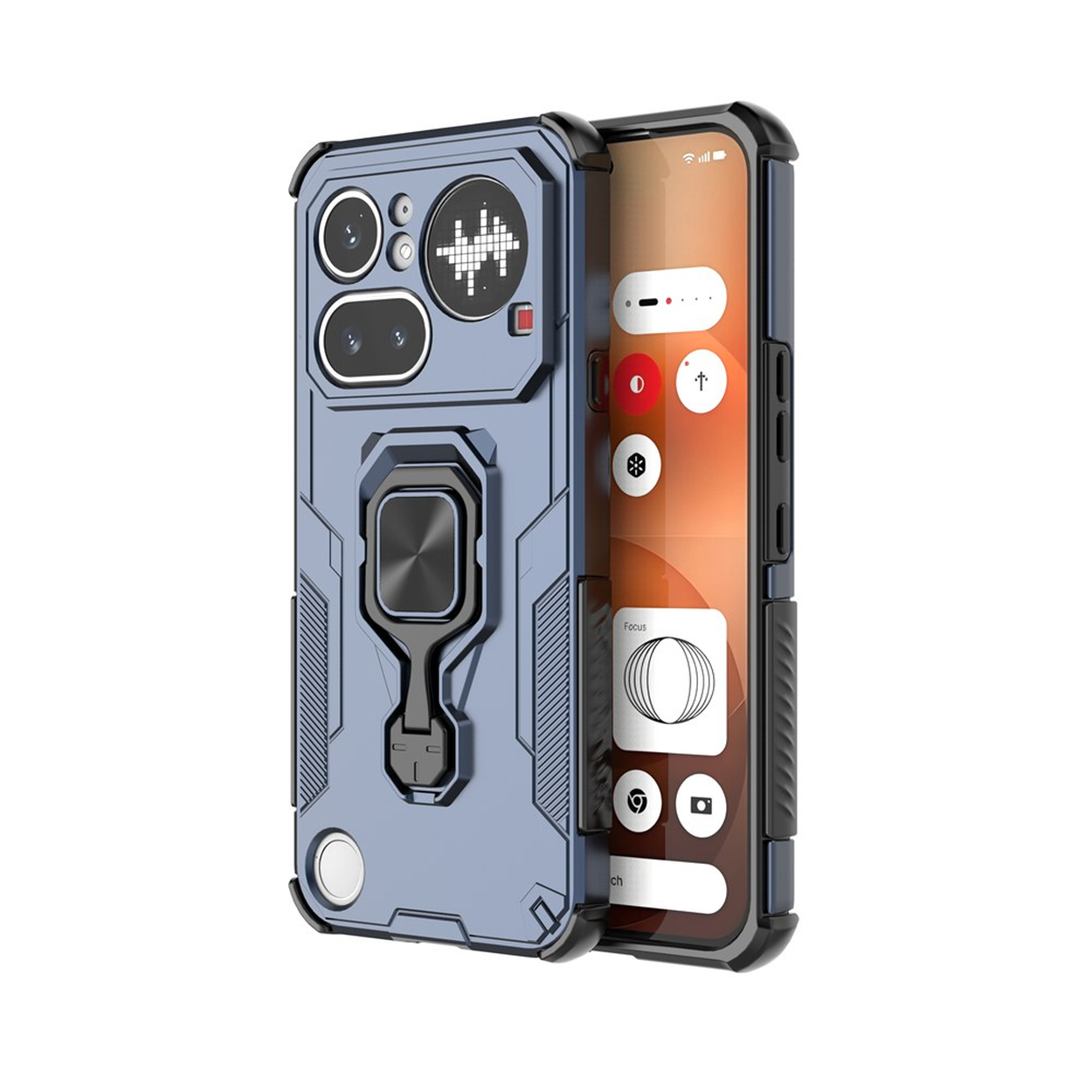 Une coque de téléphone robuste bleue avec un support annulaire en métal est présentée à côté d'un smartphone.