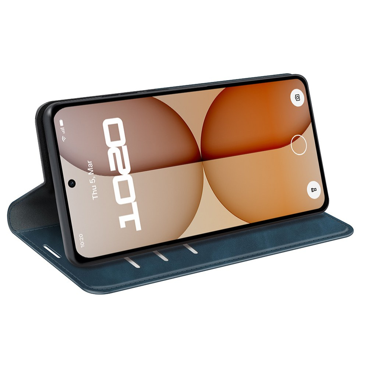 Un smartphone bleu dans un étui à rabat ouvert, affichant une interface utilisateur.