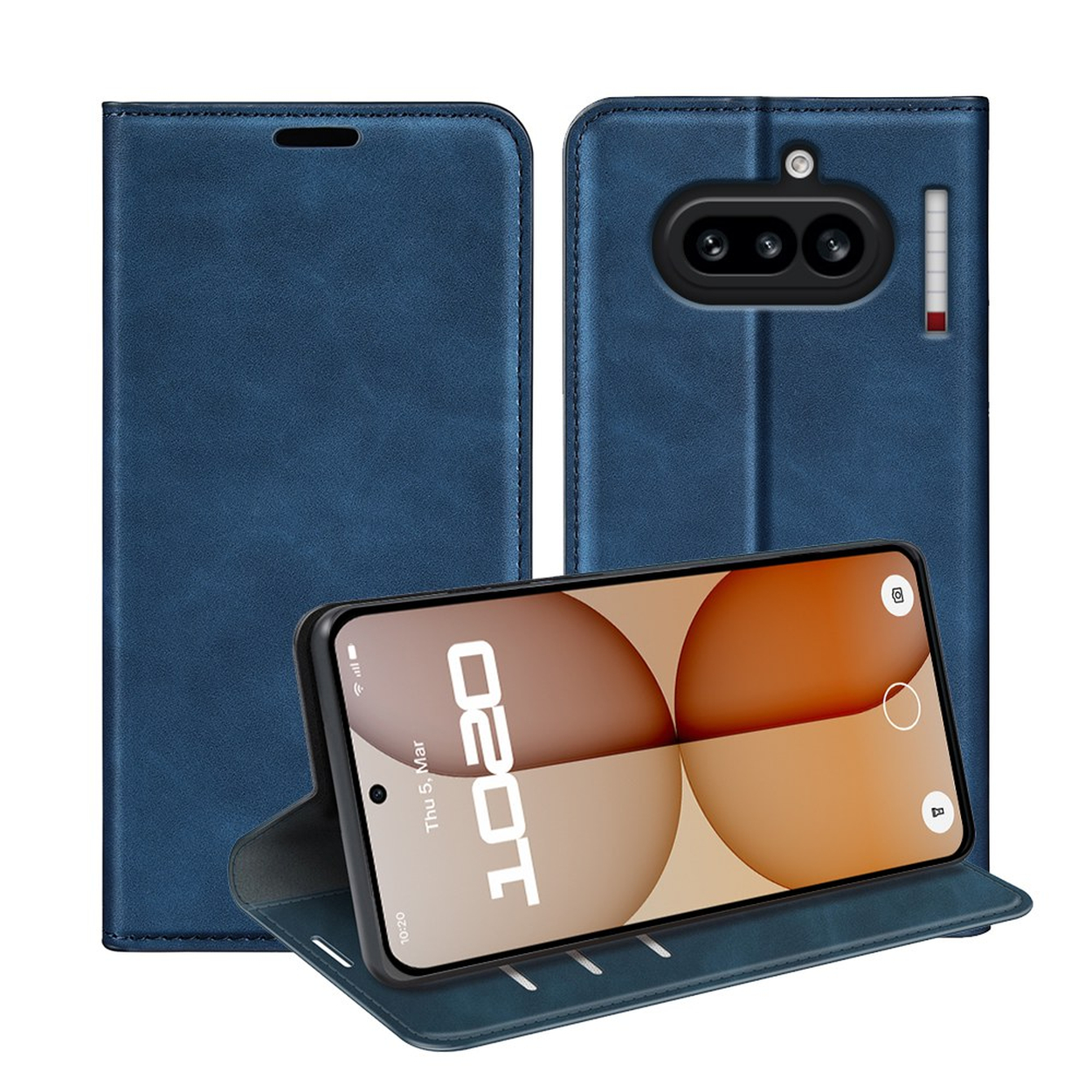 Étui de téléphone en cuir bleu avec rabat. L'écran du téléphone affiche une interface de caméra.