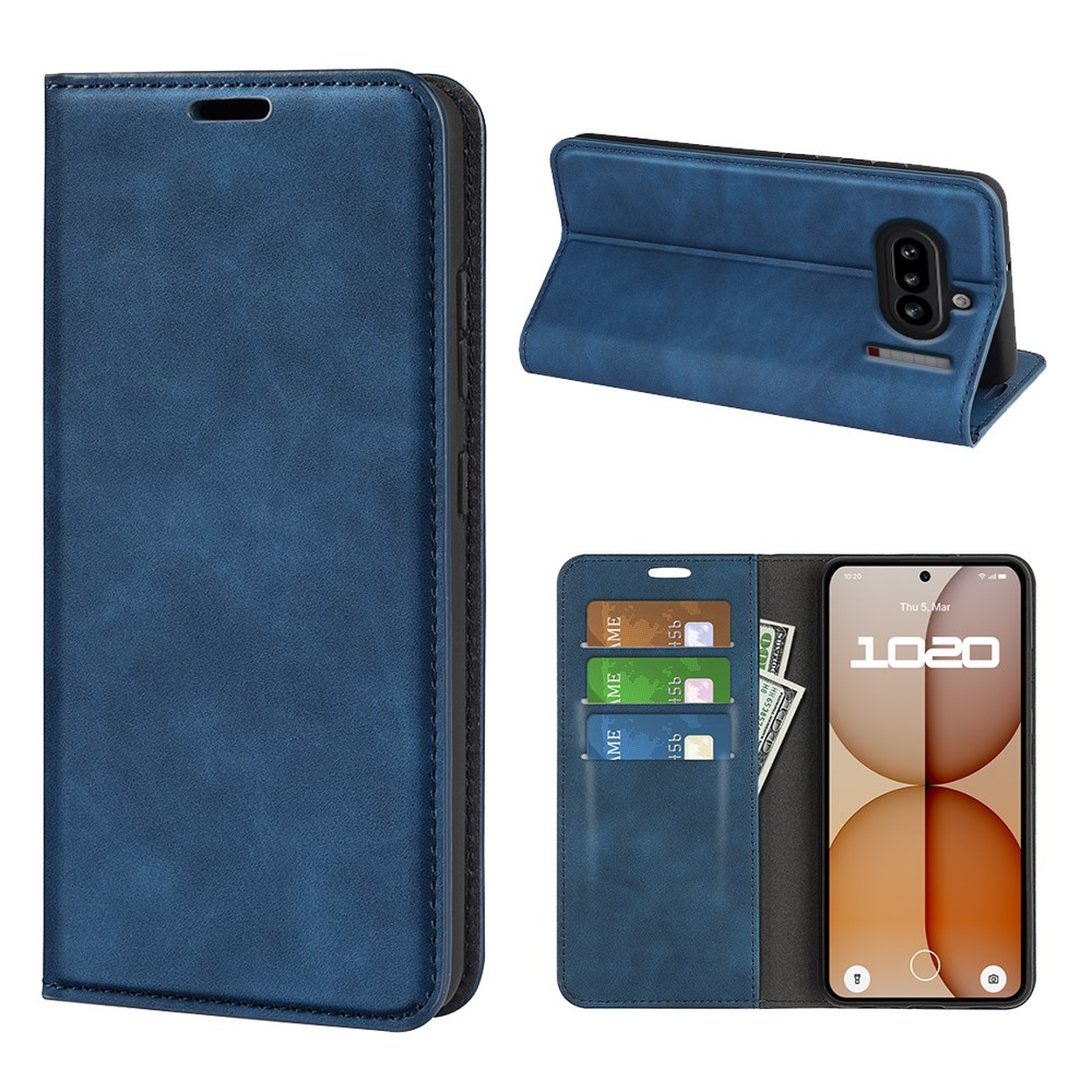 Étui de téléphone bleu avec fentes pour cartes et support, montrant un smartphone.