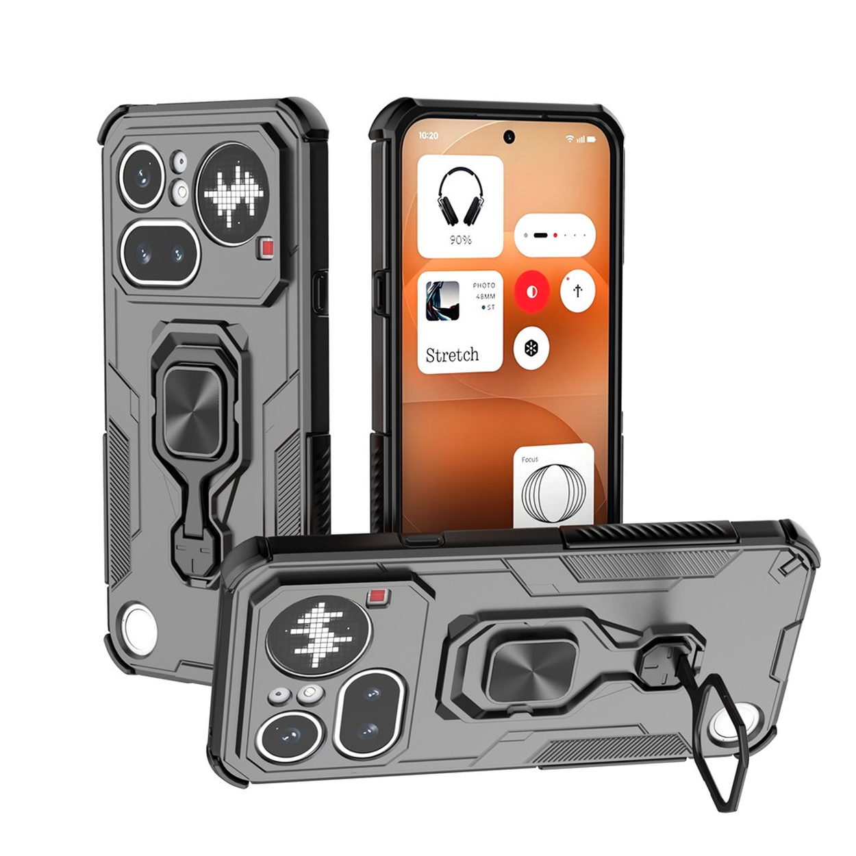 Coques de téléphone grises avec découpes caméra et supports anneau.