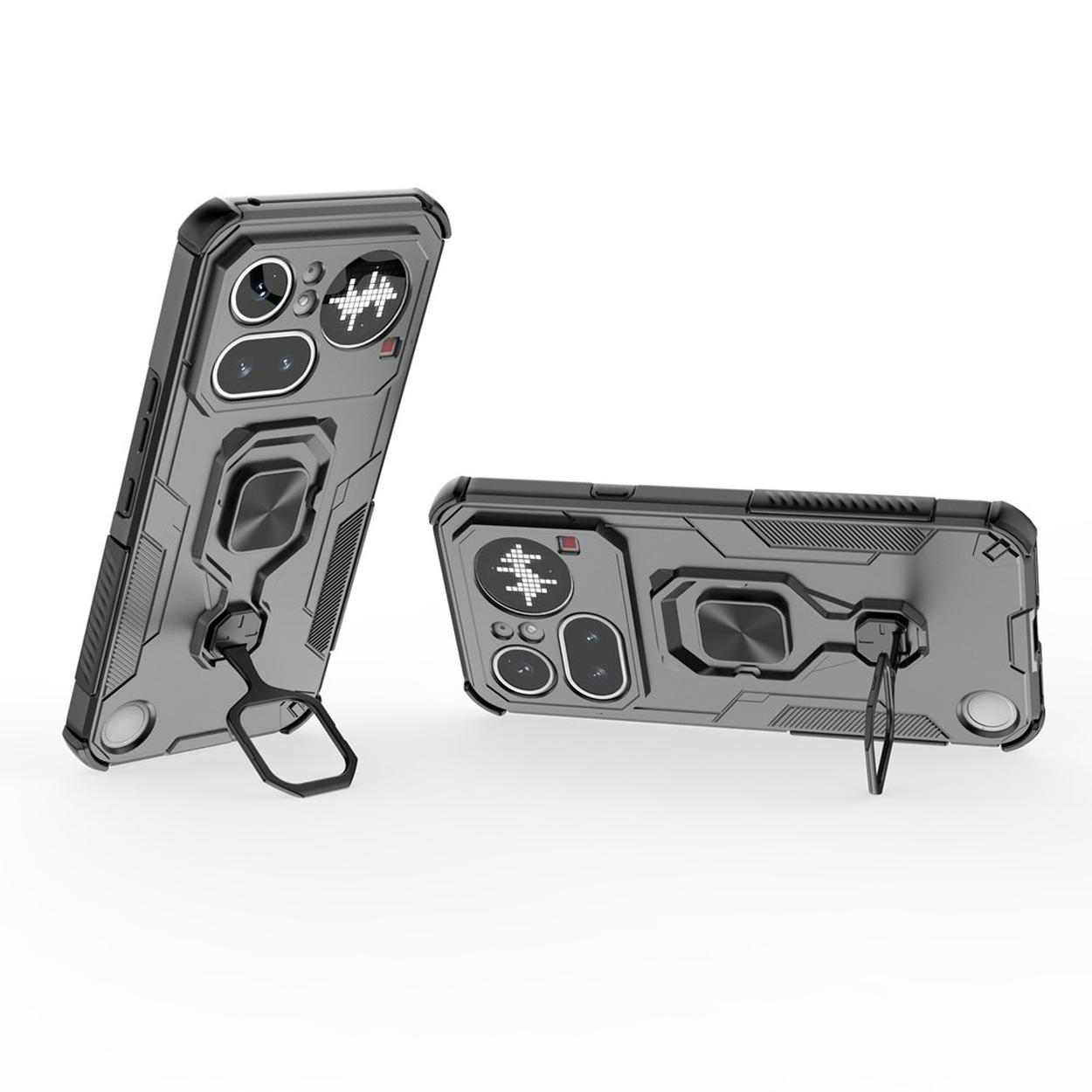 Deux coques de téléphone robustes gris foncé avec supports bague et protection caméra.