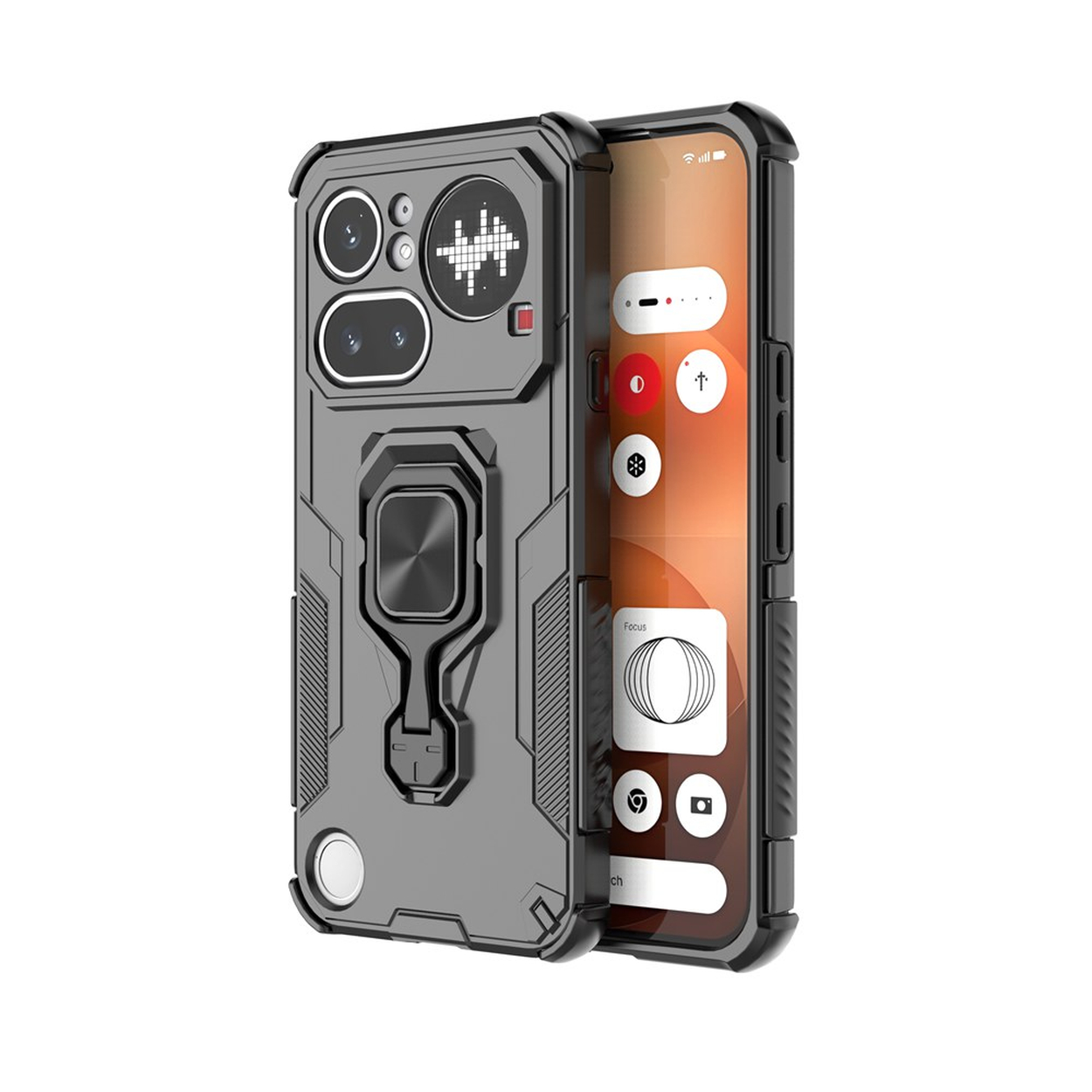 Coque de téléphone grise avec support anneau et un smartphone affichant des icônes.