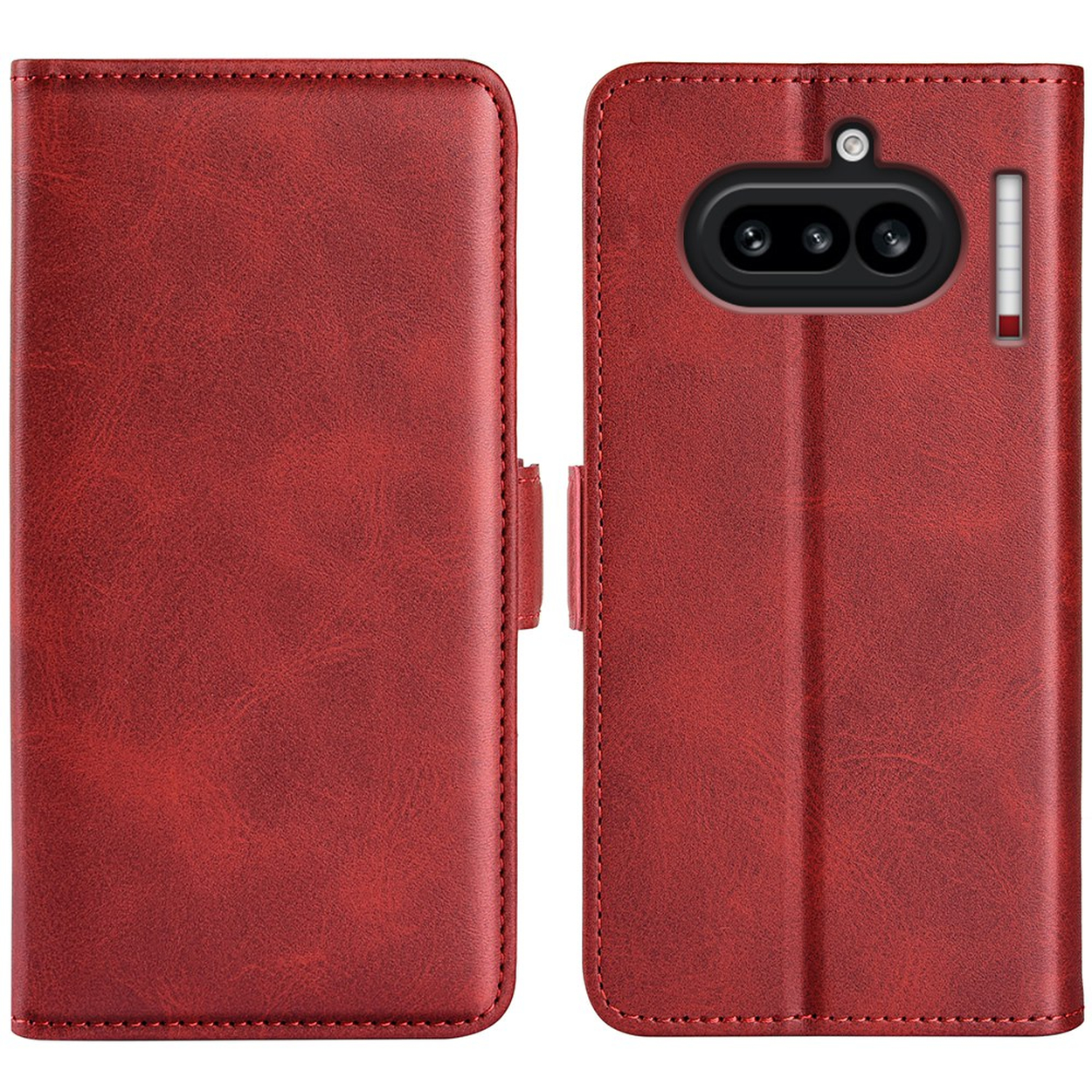 Rood leren smartphonehoesje, open en gesloten, met camera-uitsparing.