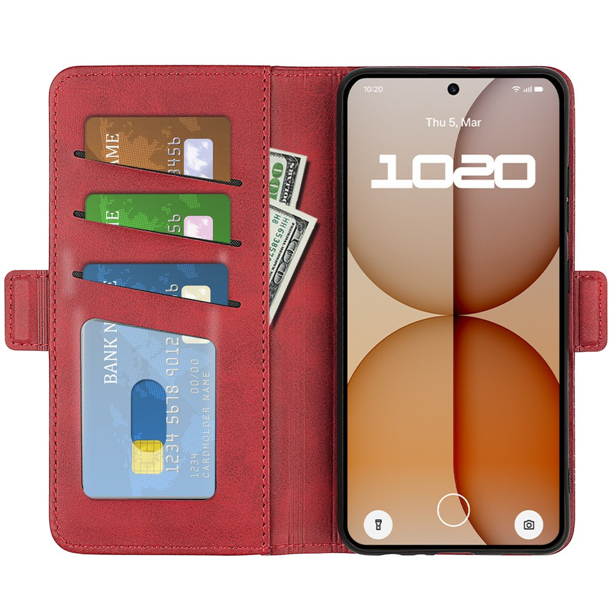 Rode portemonneehoes met kaarten, contant geld en smartphone met '1020' erop.