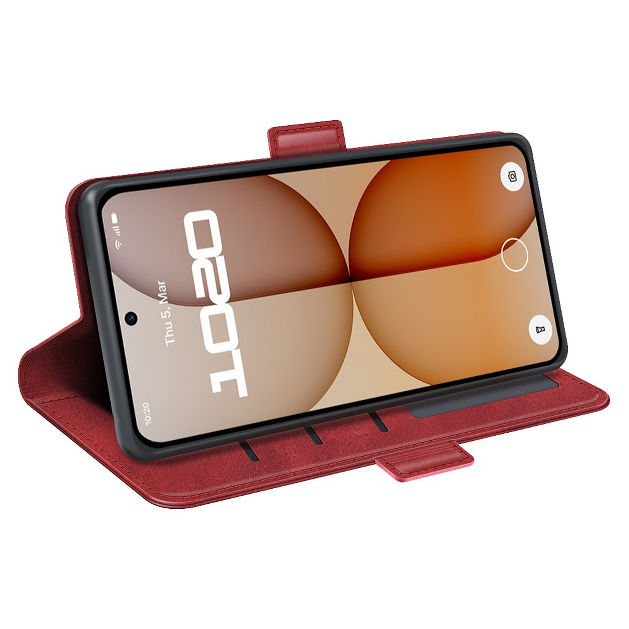 Een rode leren portemonfee-hoes voor smartphone met kleurrijke abstracte achtergrond en camera-interface.