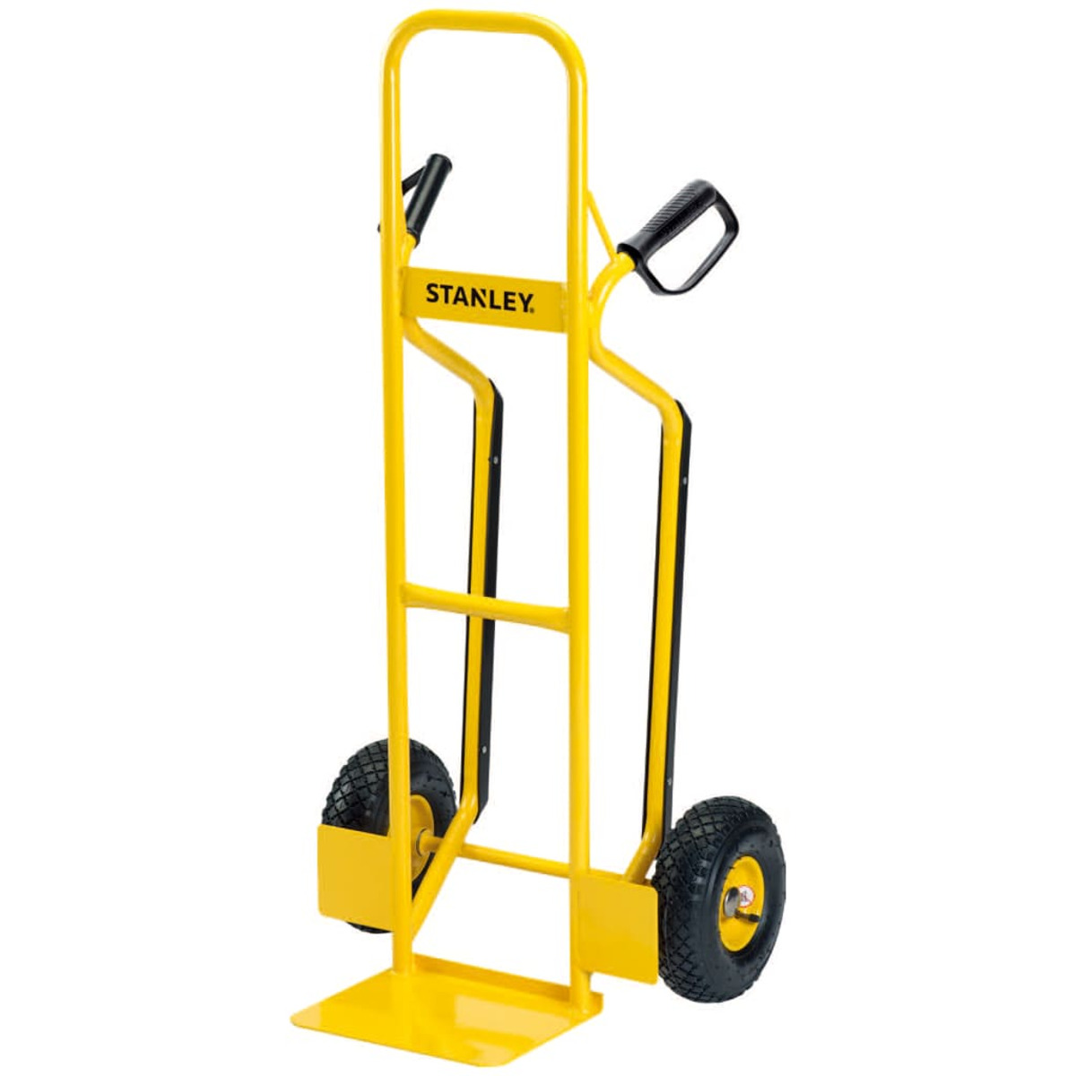 Carrello Stanley giallo con due ruote e manici neri.